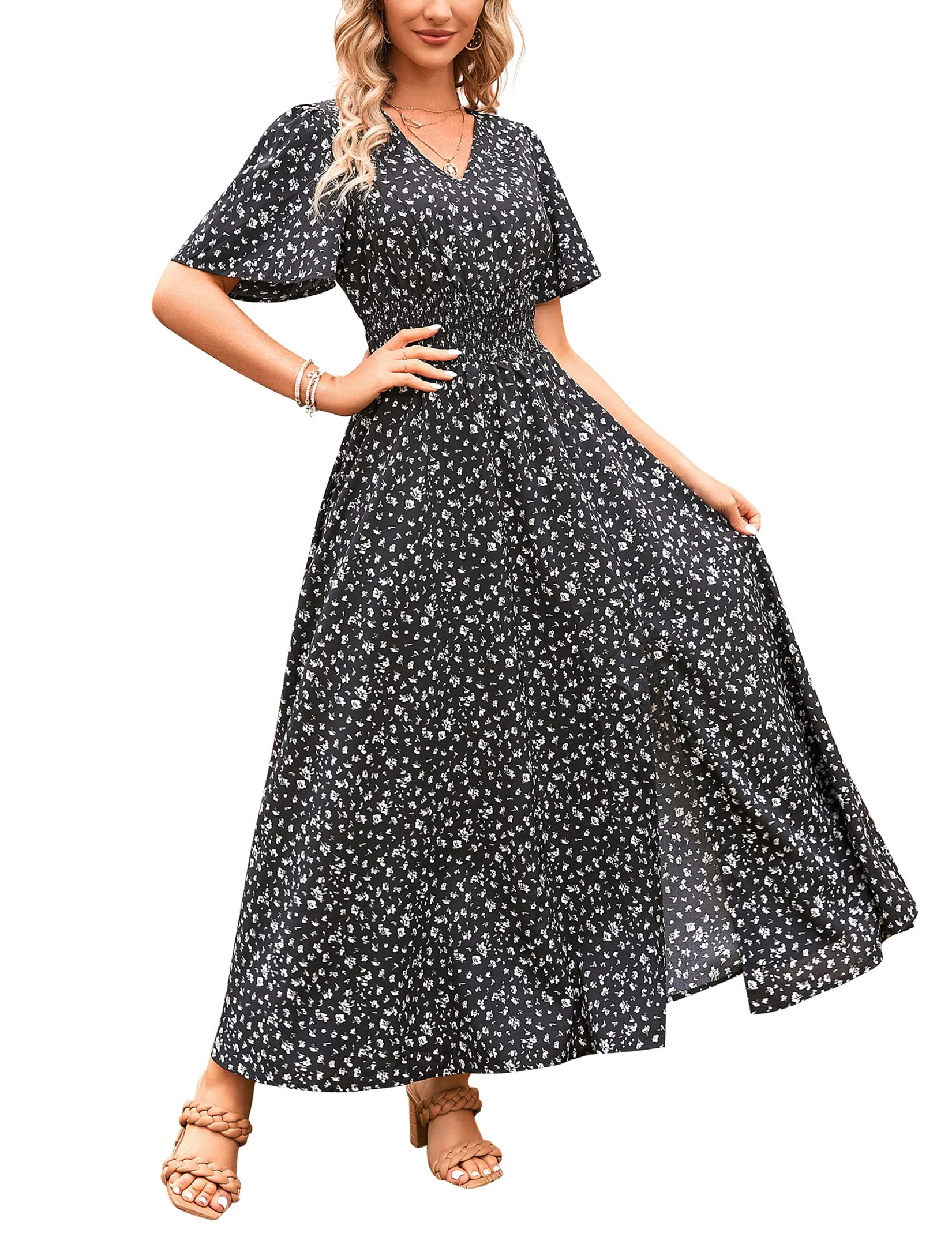 KOJOOIN Women Floral Maxi Dress V Neck Flutter Short Sleeve Smocked Waist A-Line with Side Split Sun Dresses