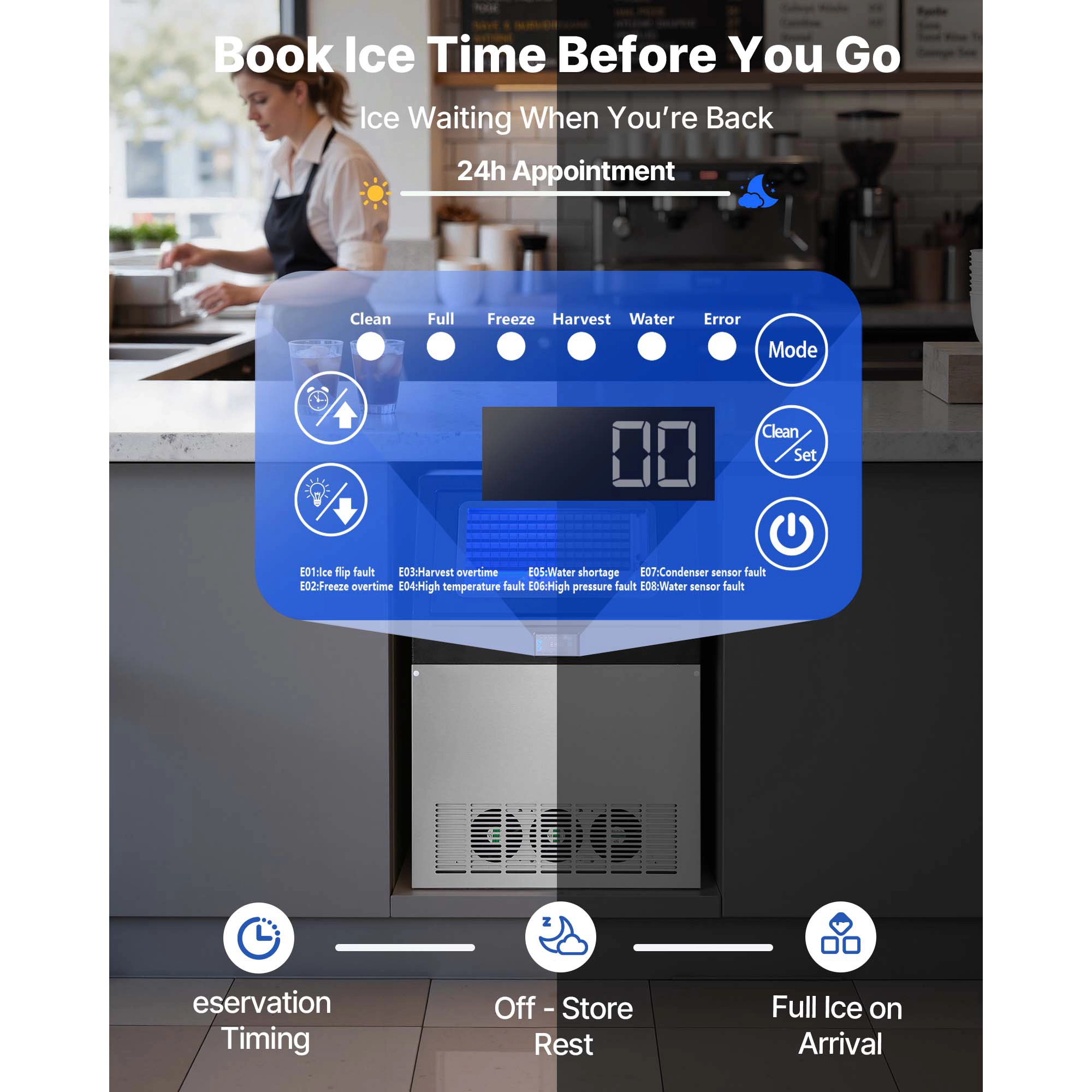HONGGE Commercial Ice Maker Machine /24h with Storage Capacity Built-in/Freestanding/Under Counter Stainless Steel Ice