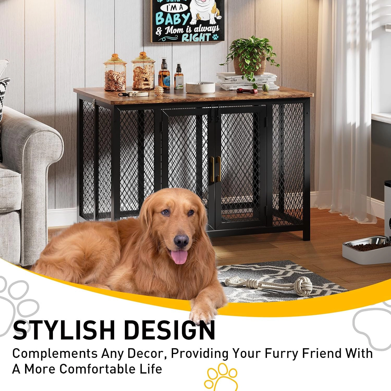 Multi-Door Ironwood Dog Crate Furniture, Heavy-Duty Stylish Pet Kennel for Large Dogs