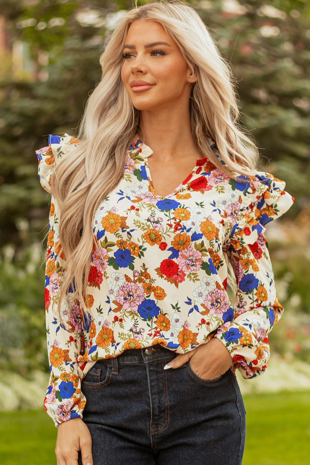 Threaded Pear Women's Apricot Ruffled Shoulder Long Sleeve Floral Blouse