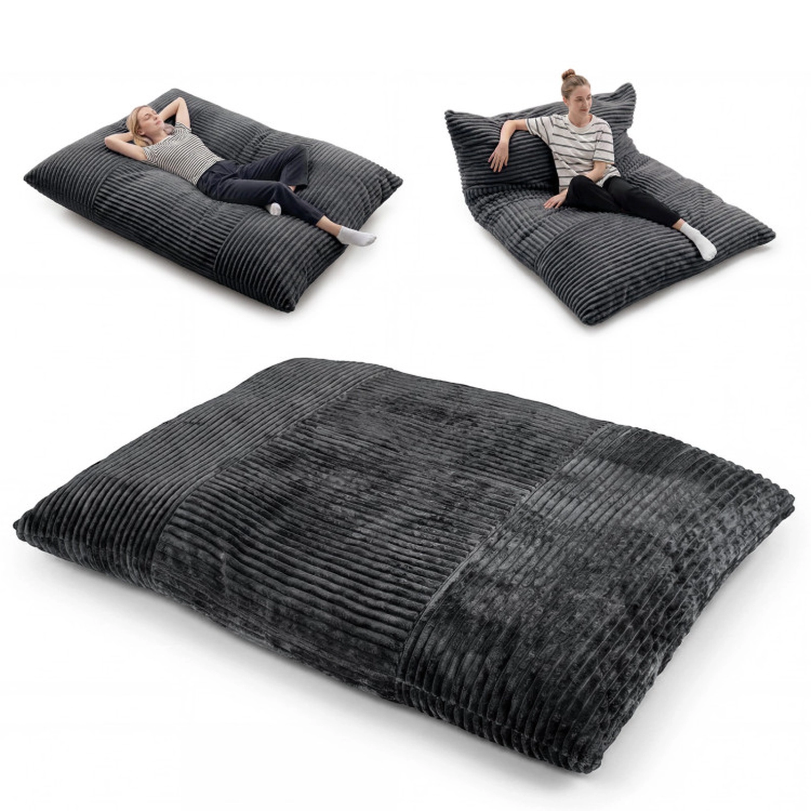 SUGIFT Convertible Dark Gray Corduroy Bean Bag Sofa Bed, 76.5 in