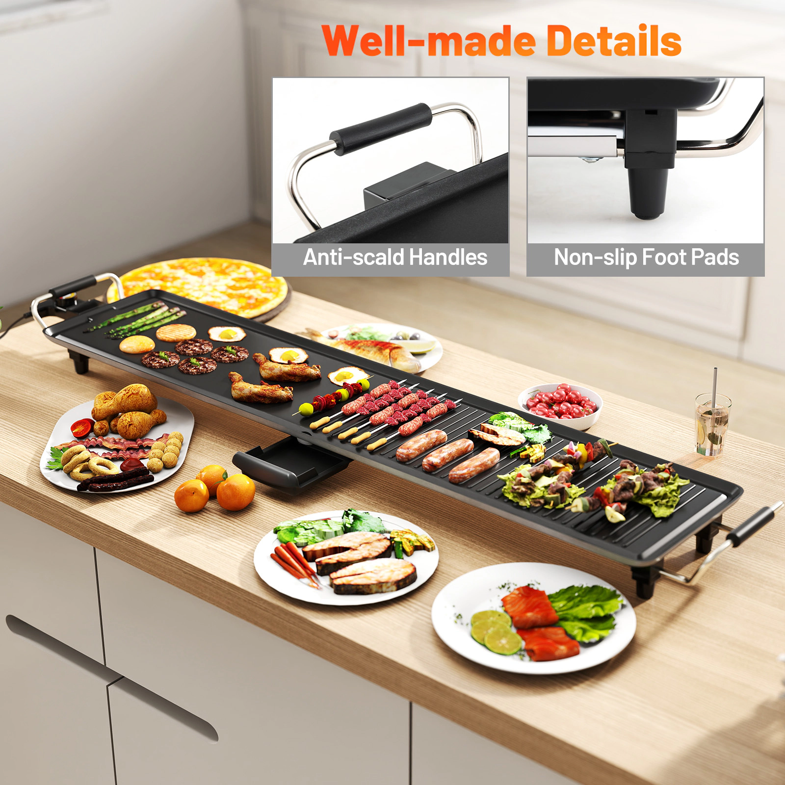 SUGIFT 39.5-in Extra Large Electric Griddle with 2 Cooking Surfaces Adjustable Temperatures 1400W Black