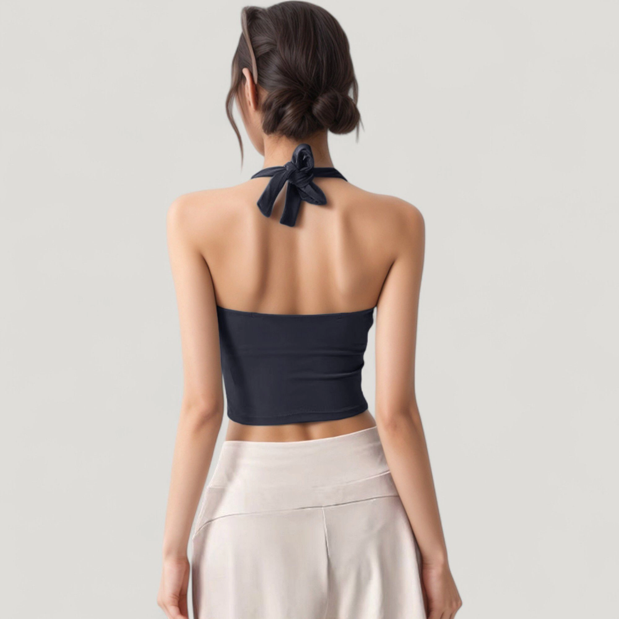 Anna-Kaci Women's Halter Neck Fitted Crop Top with Soft Stretch Fabric and Contoured Waist