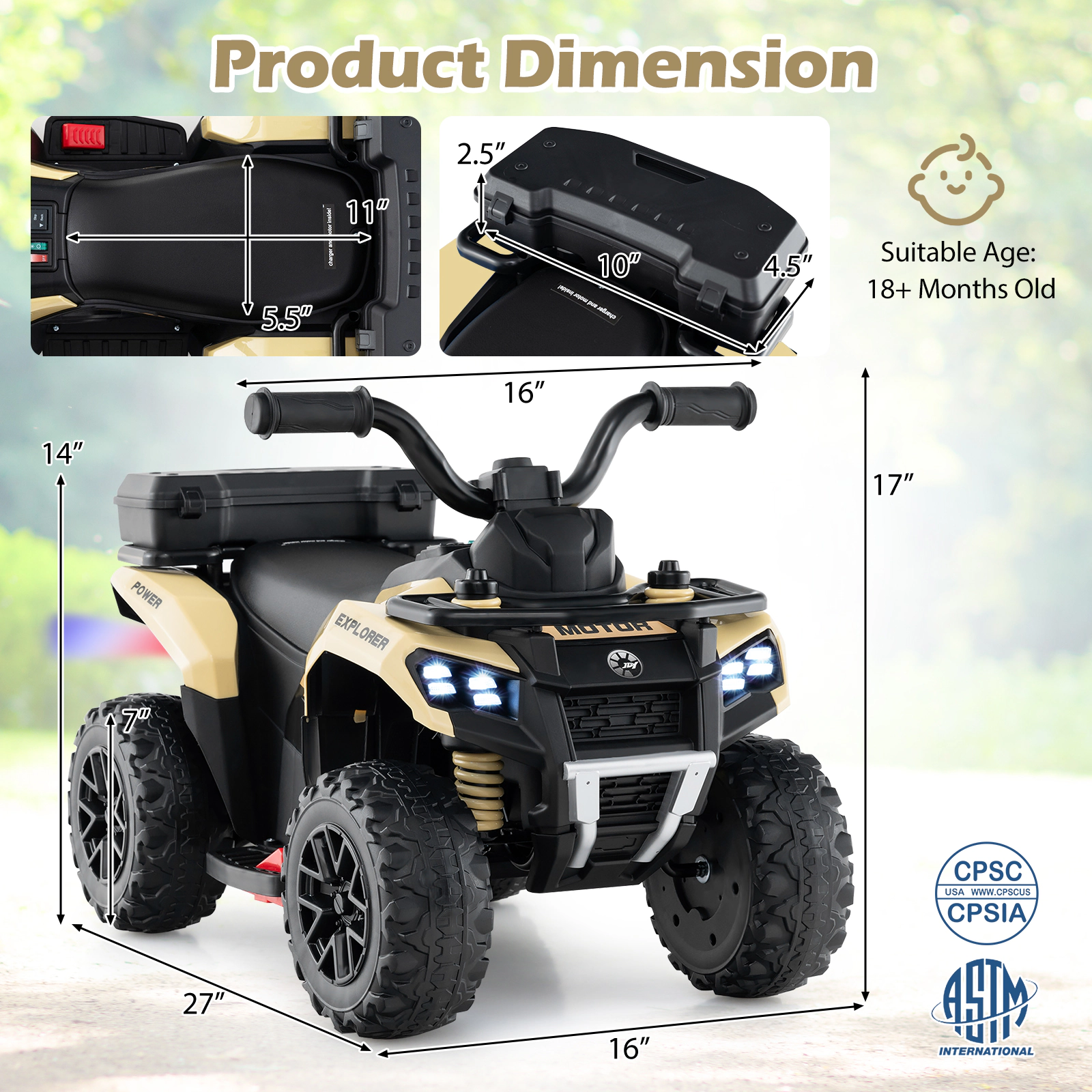 SUGIFT 6V Kids Ride On ATV with Spray Function and Storage Box 44-lb Capacity Ages 18 Months and Up Khaki with Music