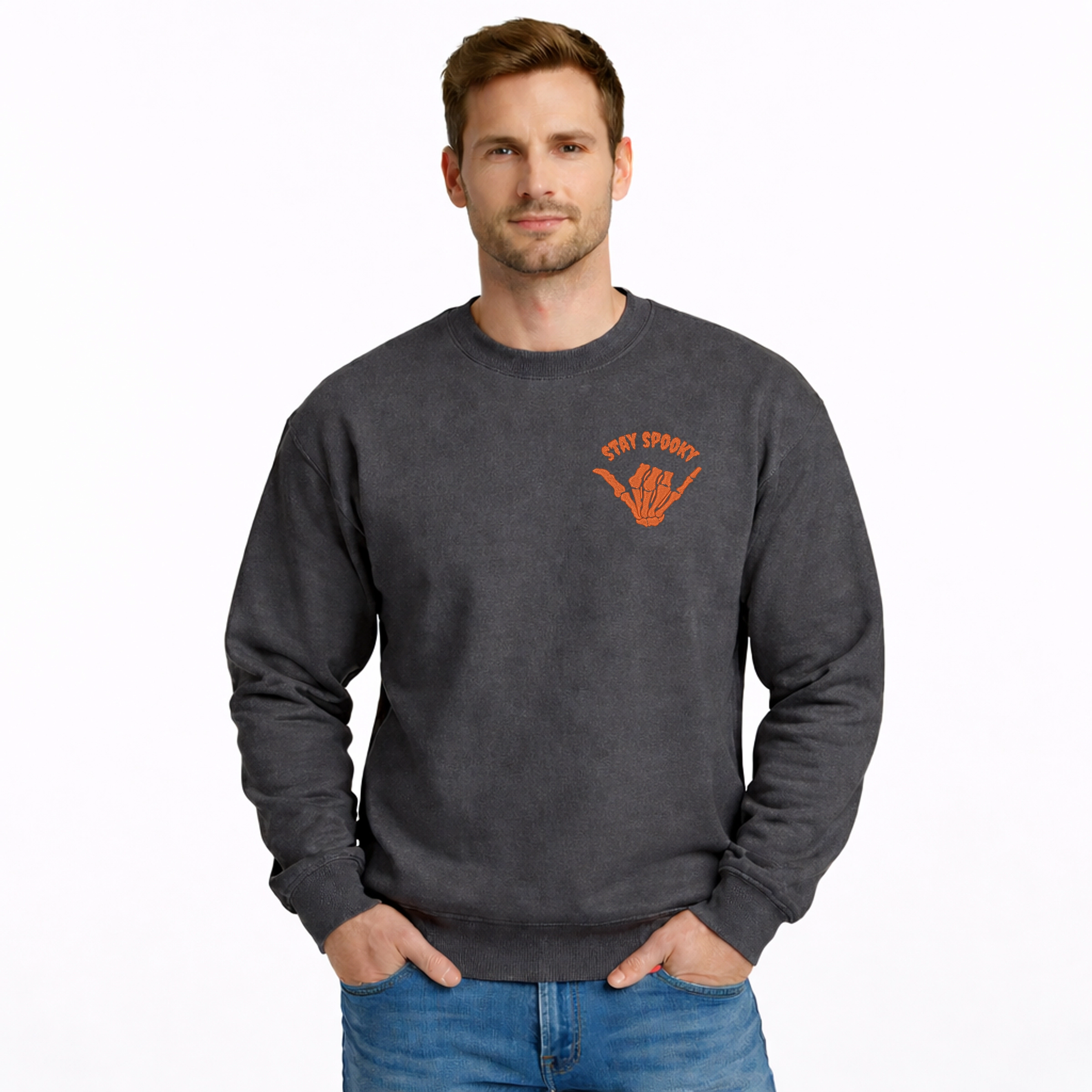 Simply Sage Market - Men's Graphic Sweatshirt Embroidered Stay Spooky Skeleton Mini