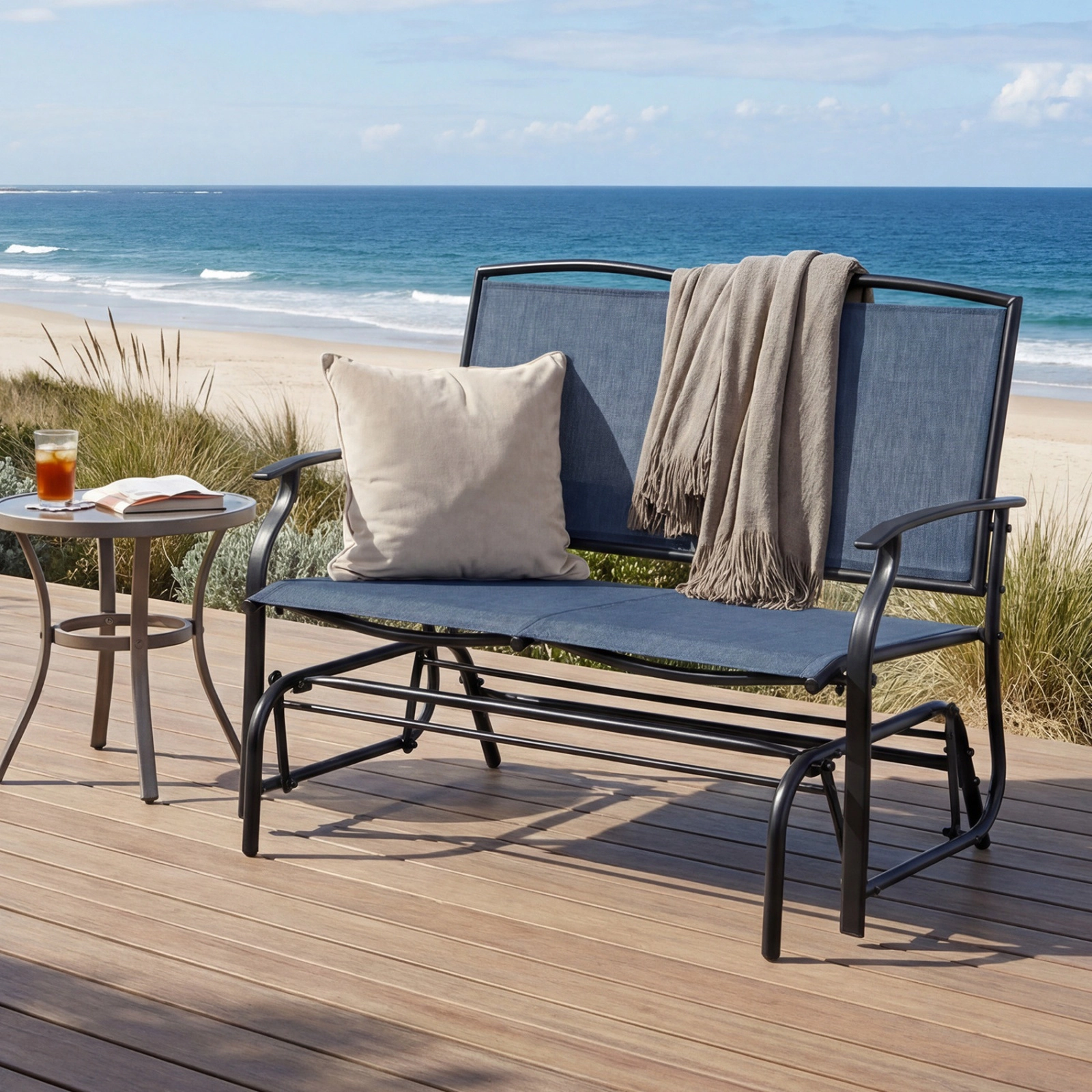 SUGIFT Steel Textilene Patio Rocking Loveseat Chair 396-Lb Capacity Seats 2 Navy Black Brown Gray