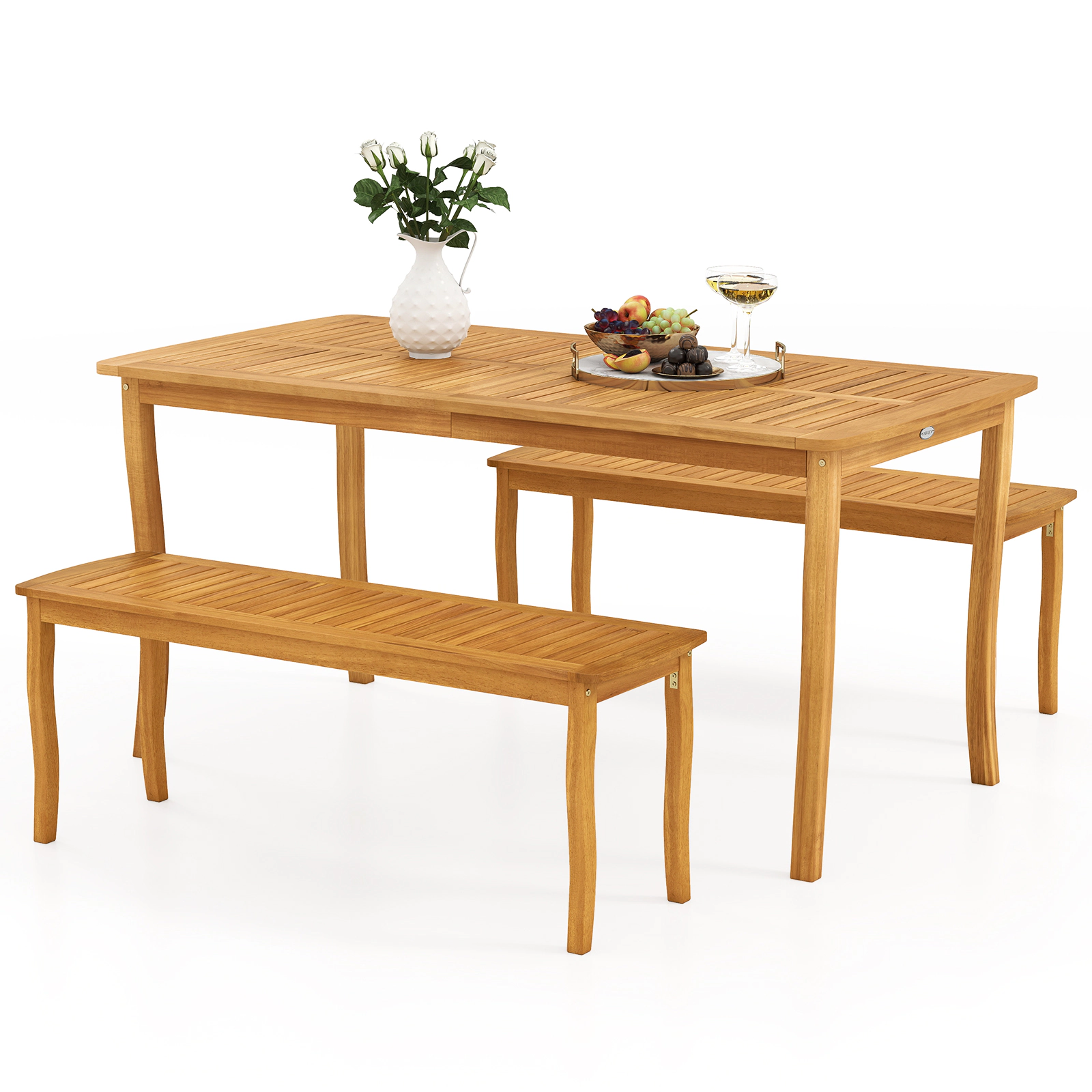 SUGIFT 3-Piece Acacia Wood Patio Dining Set, 63-Inch Table, 2 Benches, Umbrella Hole