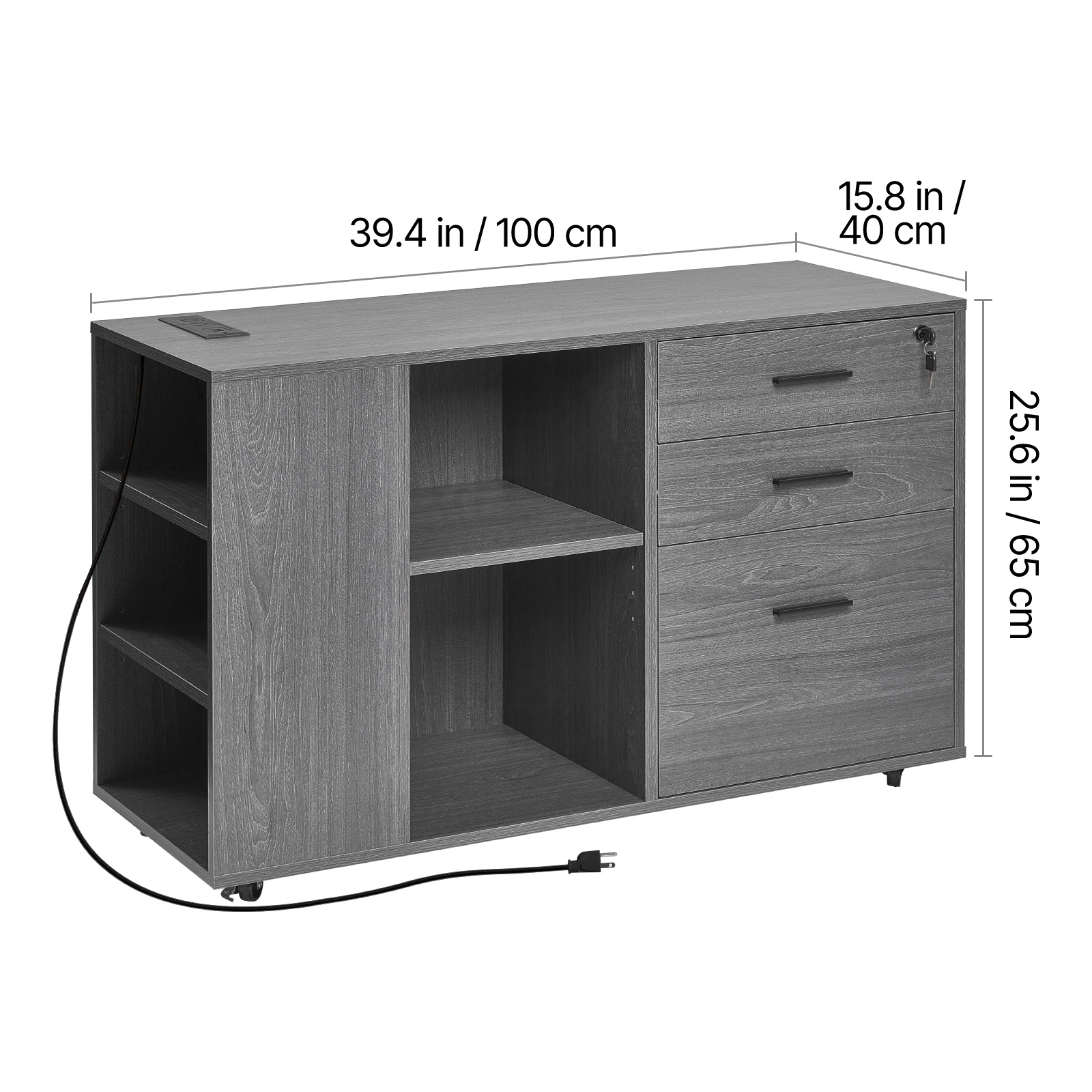 HONGGE 3-Drawer Wood File Cabinet with Lock & Power Strip, Rolling Storage Cabinet with Adjustable Shelves, Gray
