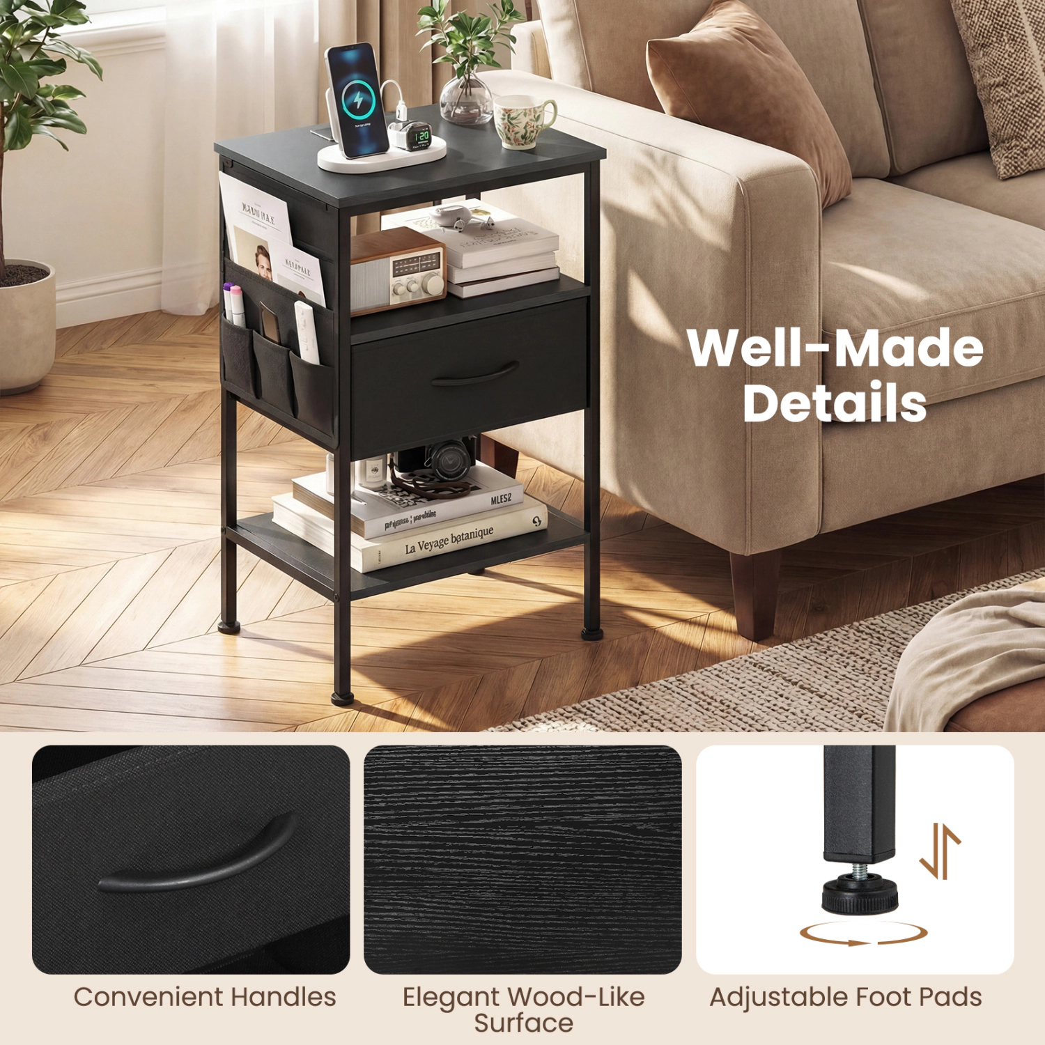 Hivvago Nightstand with Charging Station 24.5 inch Modern Bedside Table Fabric Drawer