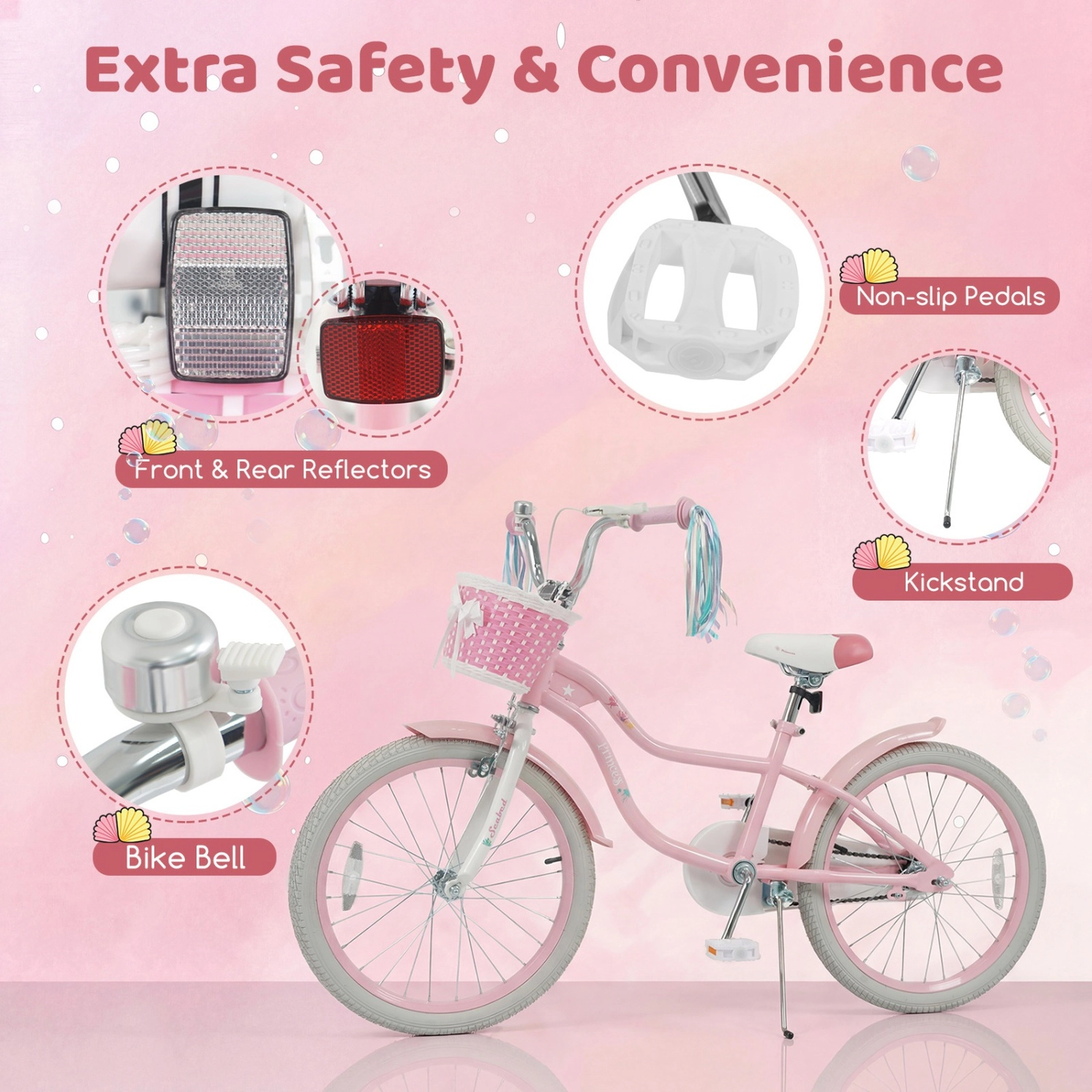 SUGIFT Adjustable 20-In Kids Bicycle with Basket and Streamers 200-lb Capacity Ages 8+ Pink Princess of the Sea Theme