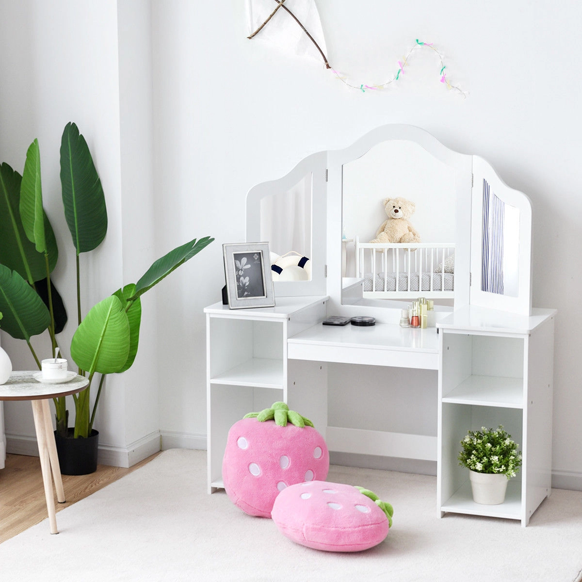 SUGIFT White Tri-Folding Mirror 4 Storage Compartments and Stool Kids Vanity Table Set