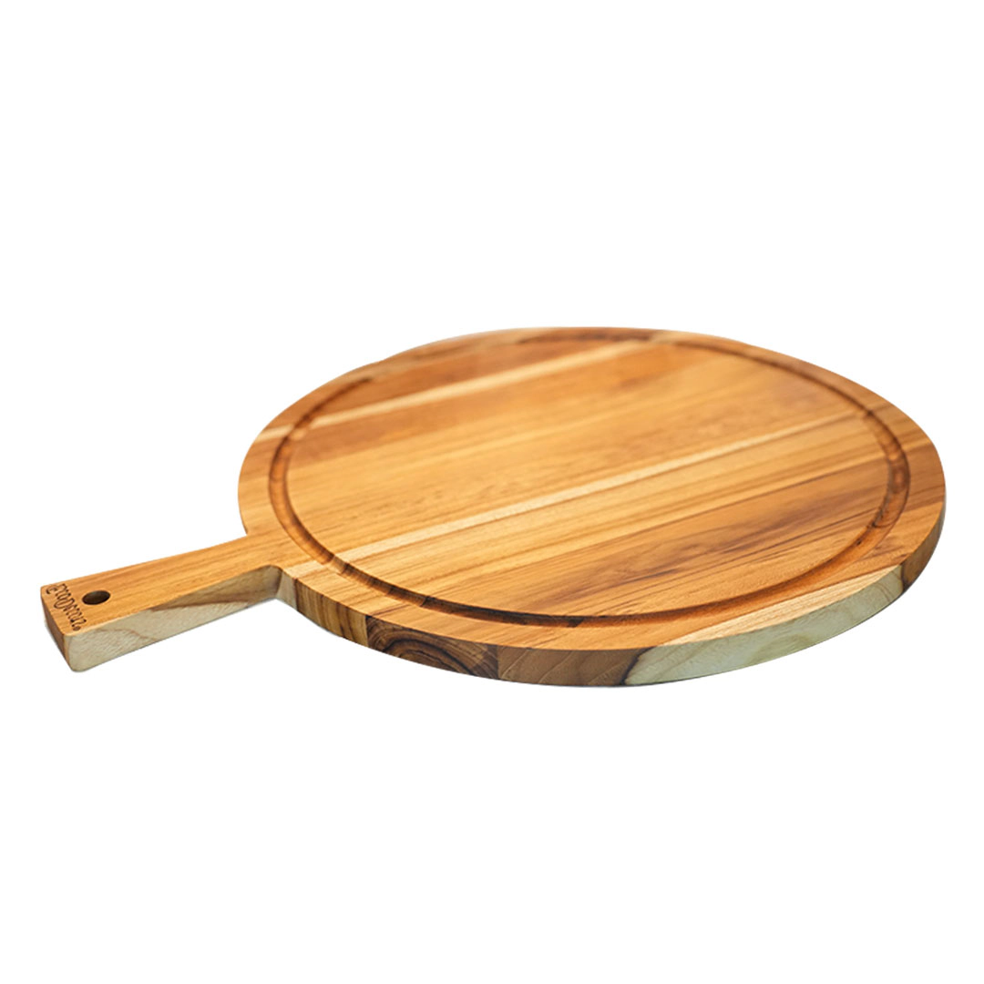 EcoDecors 18" Round Teak Edge-Grain Cutting Board with Handle and Juice Groove
