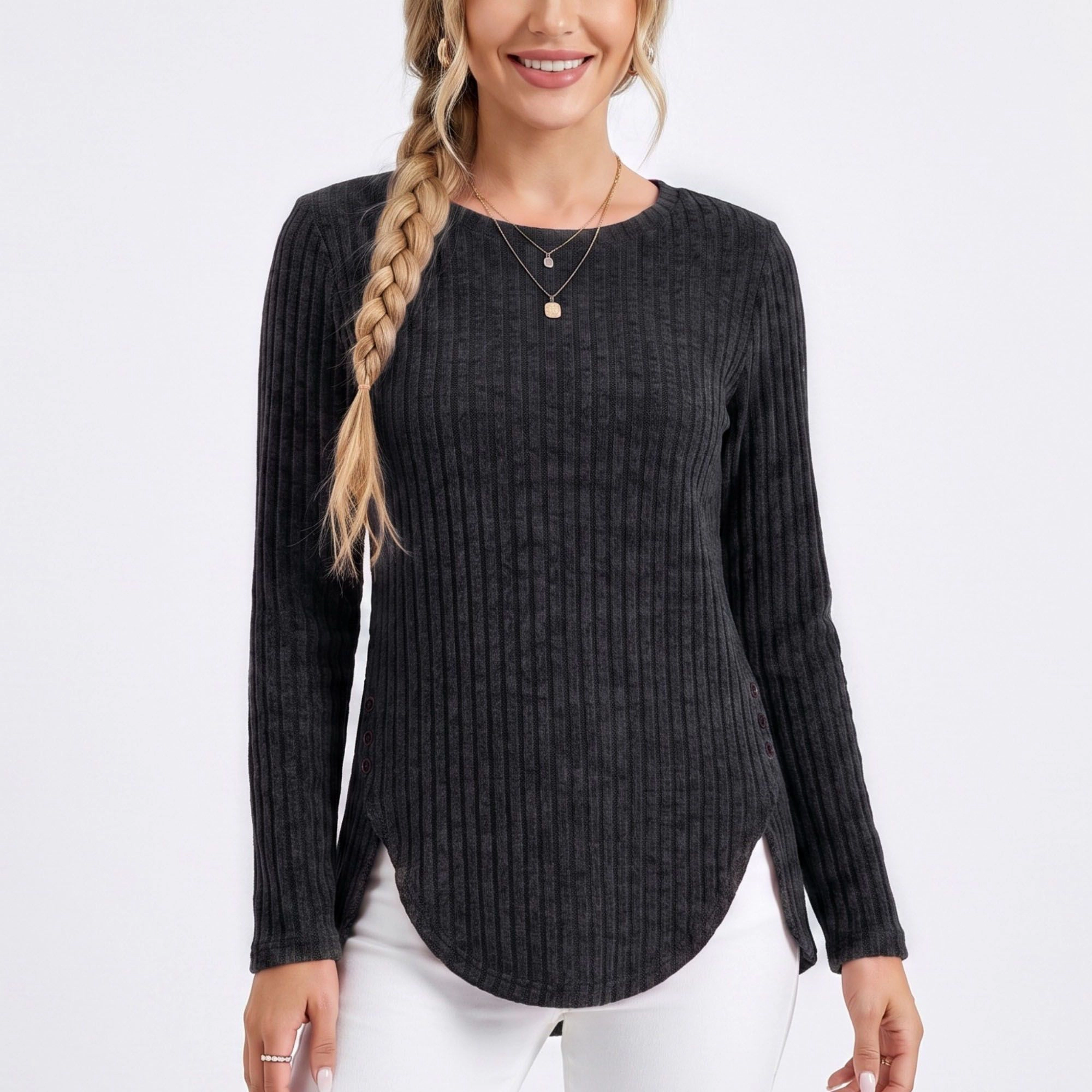 Anna-Kaci Women's Ribbed Crew Neck Side Slit Long Sleeve Tunic Top