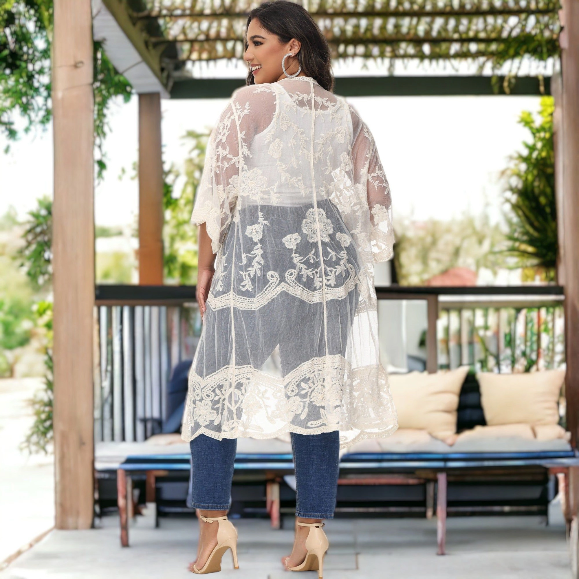 Anna-Kaci Women's Plus Lace Cardigan Short Sleeve Open Front Floral Crochet Long Duster