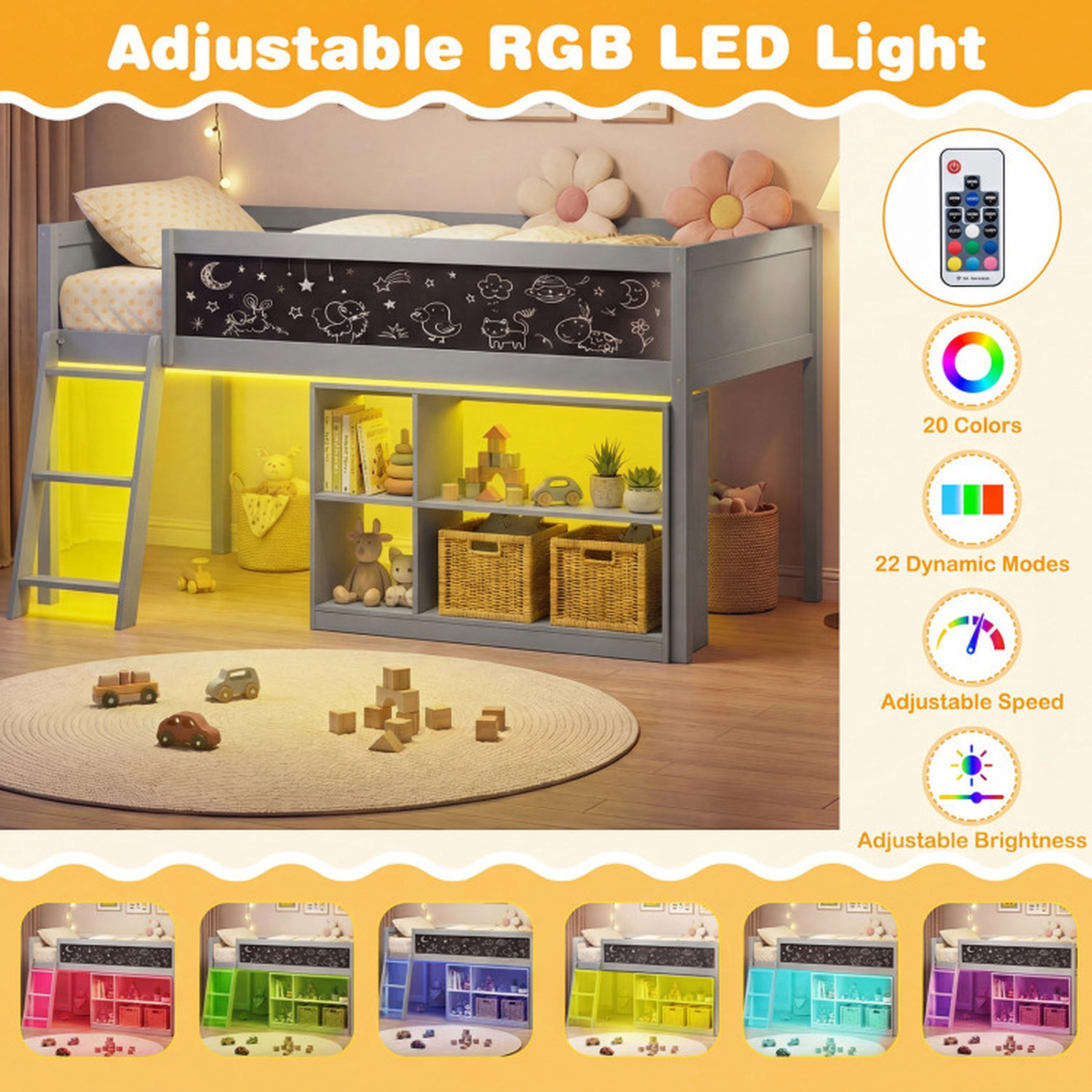 SUGIFT Gray RGB LED Lights Removable Bookcase and Chalkboard Twin Kids Loft Bed