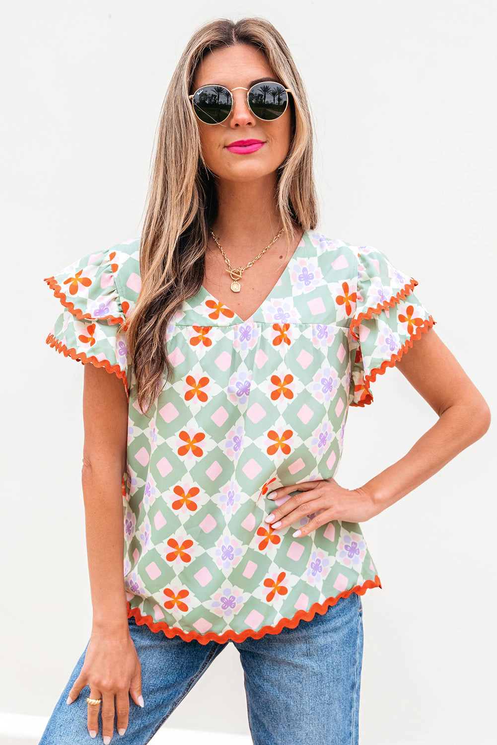 Threaded Pear Women's Belen Floral Layered Flutter Sleeve Rac Trim Blouse