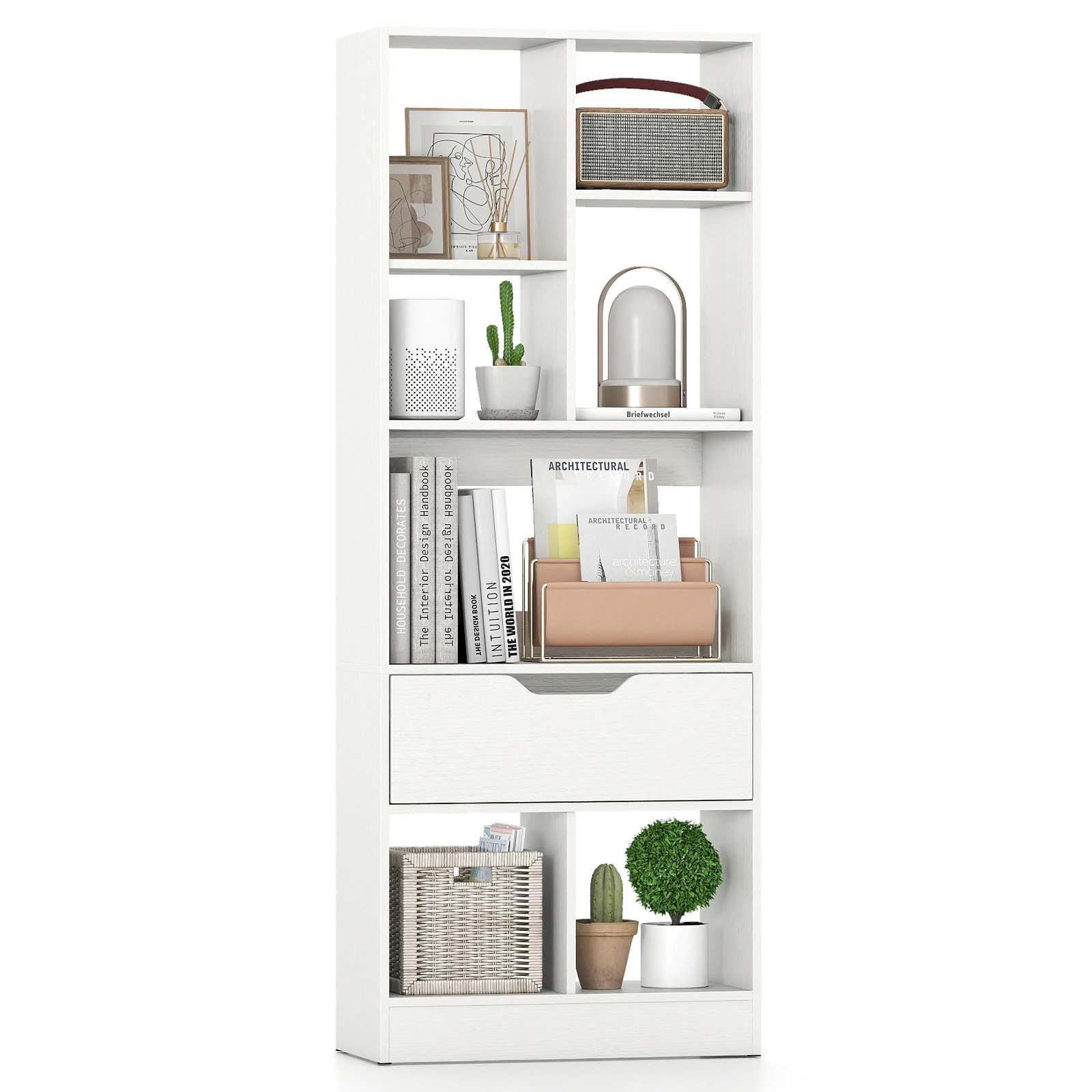 SUGIFT 7-Cube 51-in Tall Narrow Freestanding Bookshelf with Drawer Storage Organizer for Small Spaces