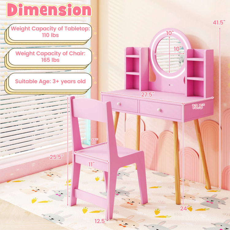 Hivvago Kids Vanity Set With Lighted Mirror And Storage Drawers