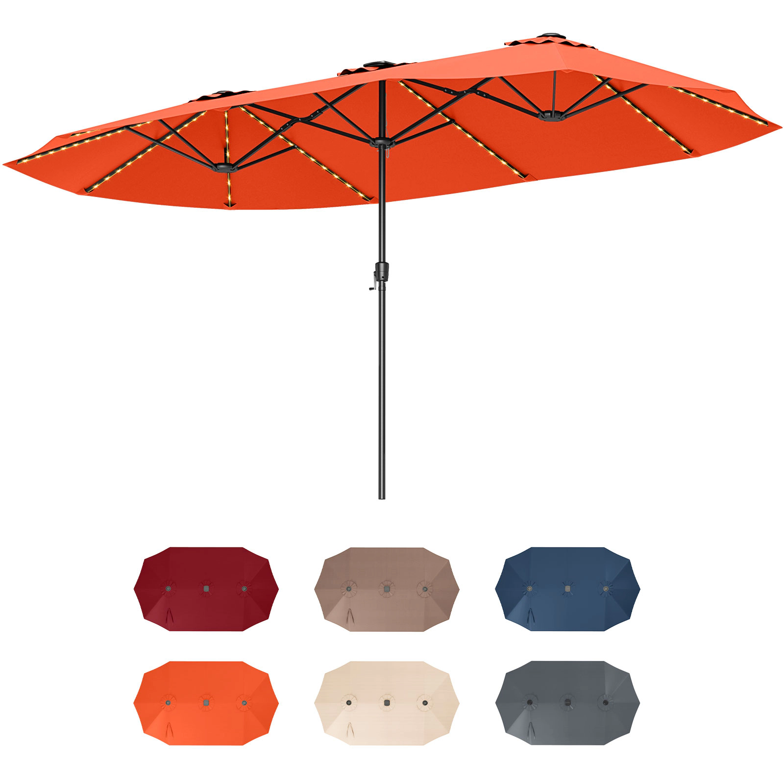 SUGIFT 15.5-ft Orange Rectangular Double-Sided Solar Patio Umbrella with 144 LED Lights and 12 Metal Ribs