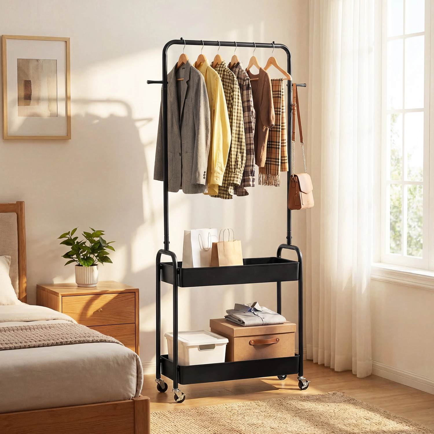 SUGIFT Heavy-Duty Rolling Laundry Cart Garment Rack with Hanging Rod and 2 Storage Baskets 80-lb Capacity Black