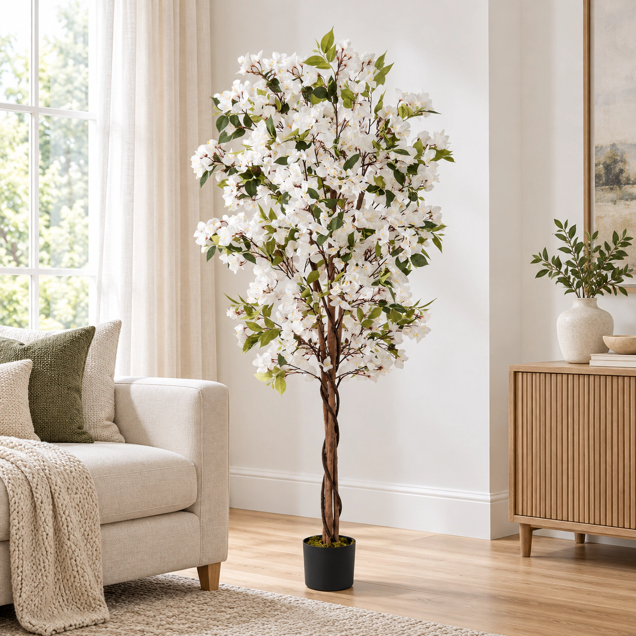 SUGIFT 71-in Artificial Bougainvillea Tree with 910 Blooms and Twisted Wood Trunk in White