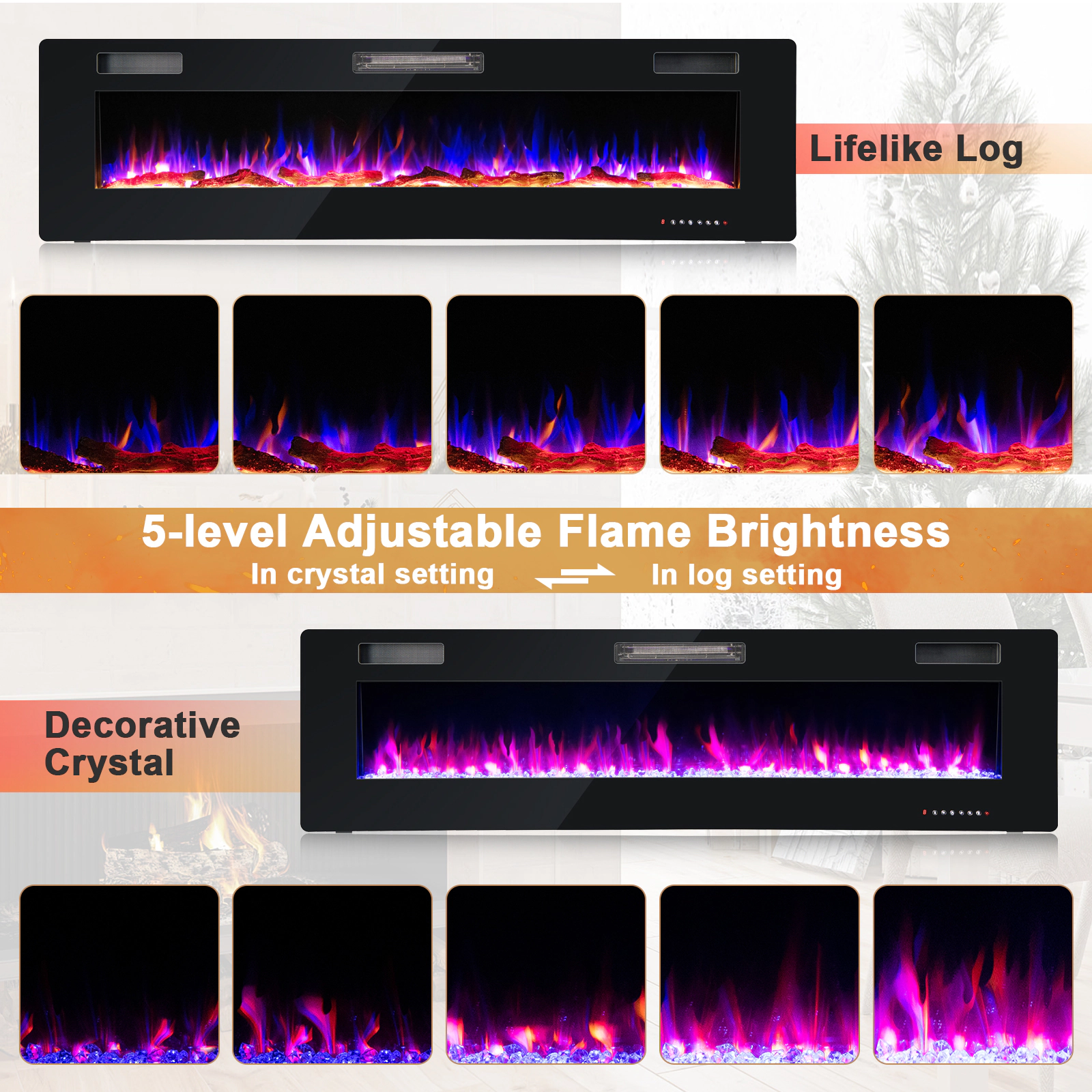 SlickBlue 68 Inch Recessed Electric Fireplace with Crystals, Logs, Timer and Remote