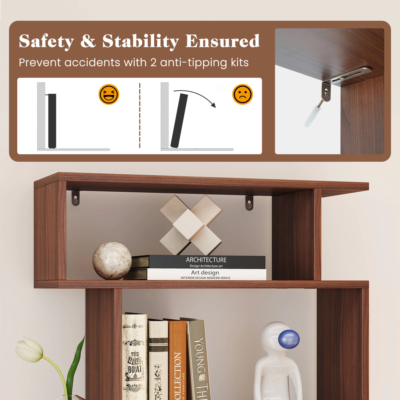 SUGIFT 6-Tier Walnut 64-in Tall Narrow Geometric Bookshelf 8-in Deep with 2 Anti-Tipping Kits for Small Spaces