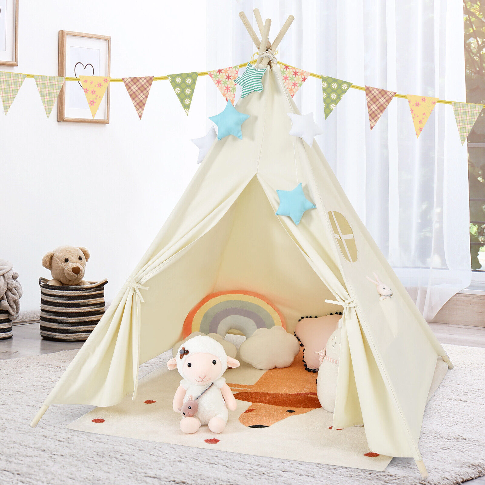 Foldable Kids Teepee Play Tent 47-in Cotton Canvas Tent with Pine Wood Poles Side Pockets Window and Carrying Bag Beige