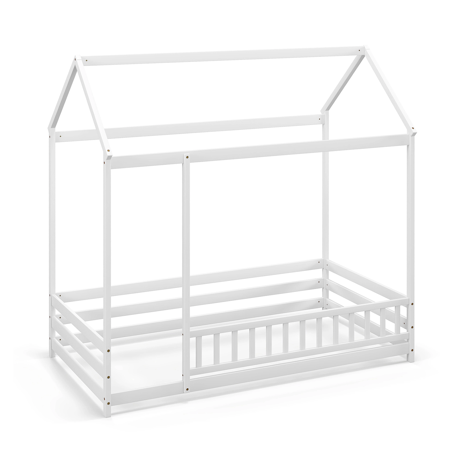 SUGIFT Twin Size White Pine Wood Kids House Floor Bed with Roof 12-in Full Length Guardrail and Doorway