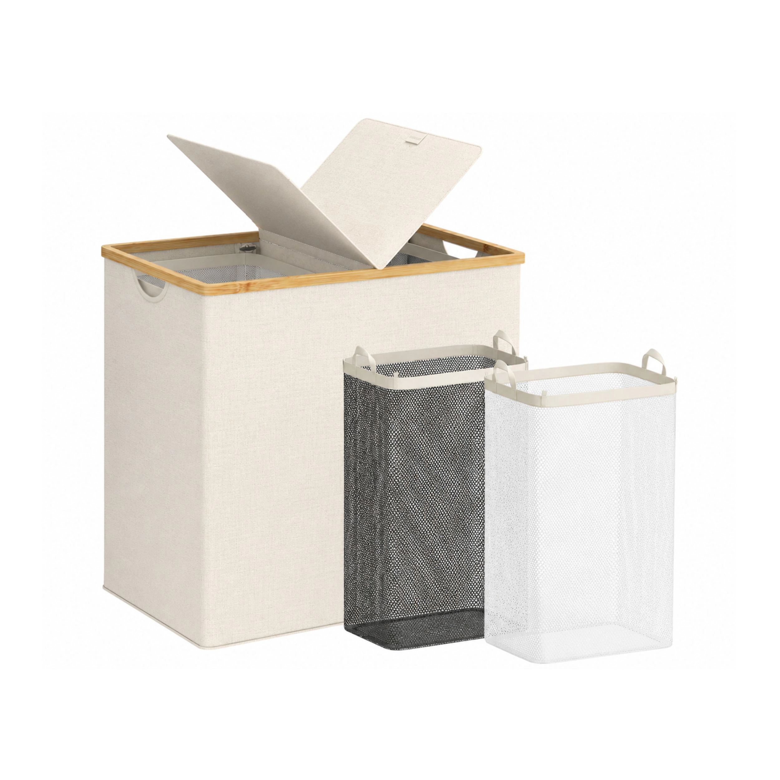 Stock Preferred 140L Double Laundry Hamper with Lid 2 Removable Bags and Bamboo Handles