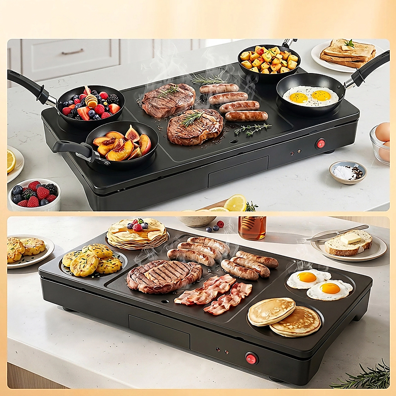 SUGIFT 1000W Electric Grill Griddle Black with 4 Nonstick Woks and Wooden Spatulas