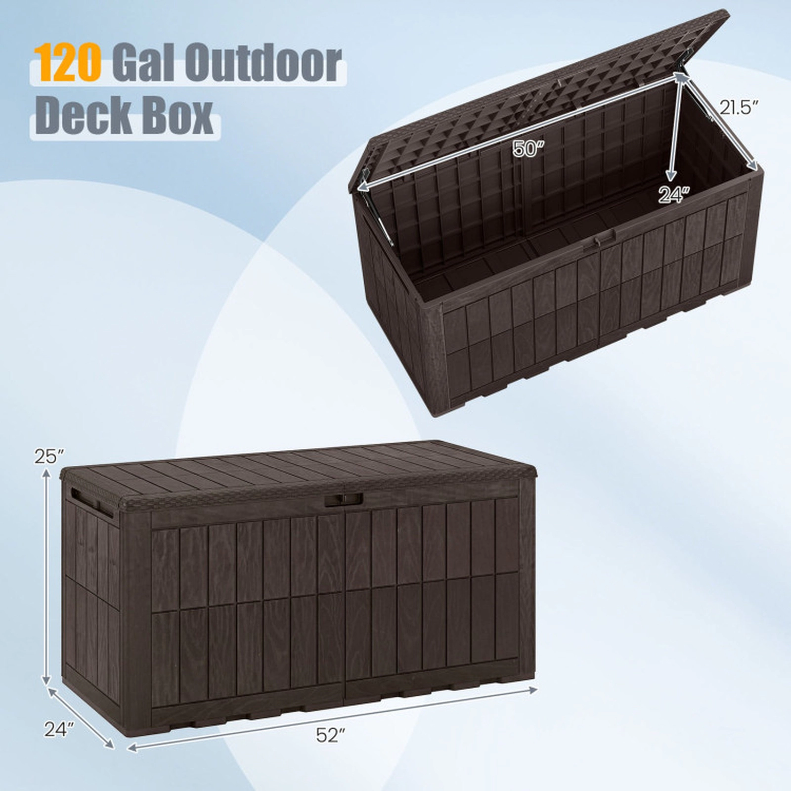 SUGIFT 120 Gal Outdoor Deck Storage Box with Hydraulic Lid and Handles 540-lb Seating Capacity Dark Brown