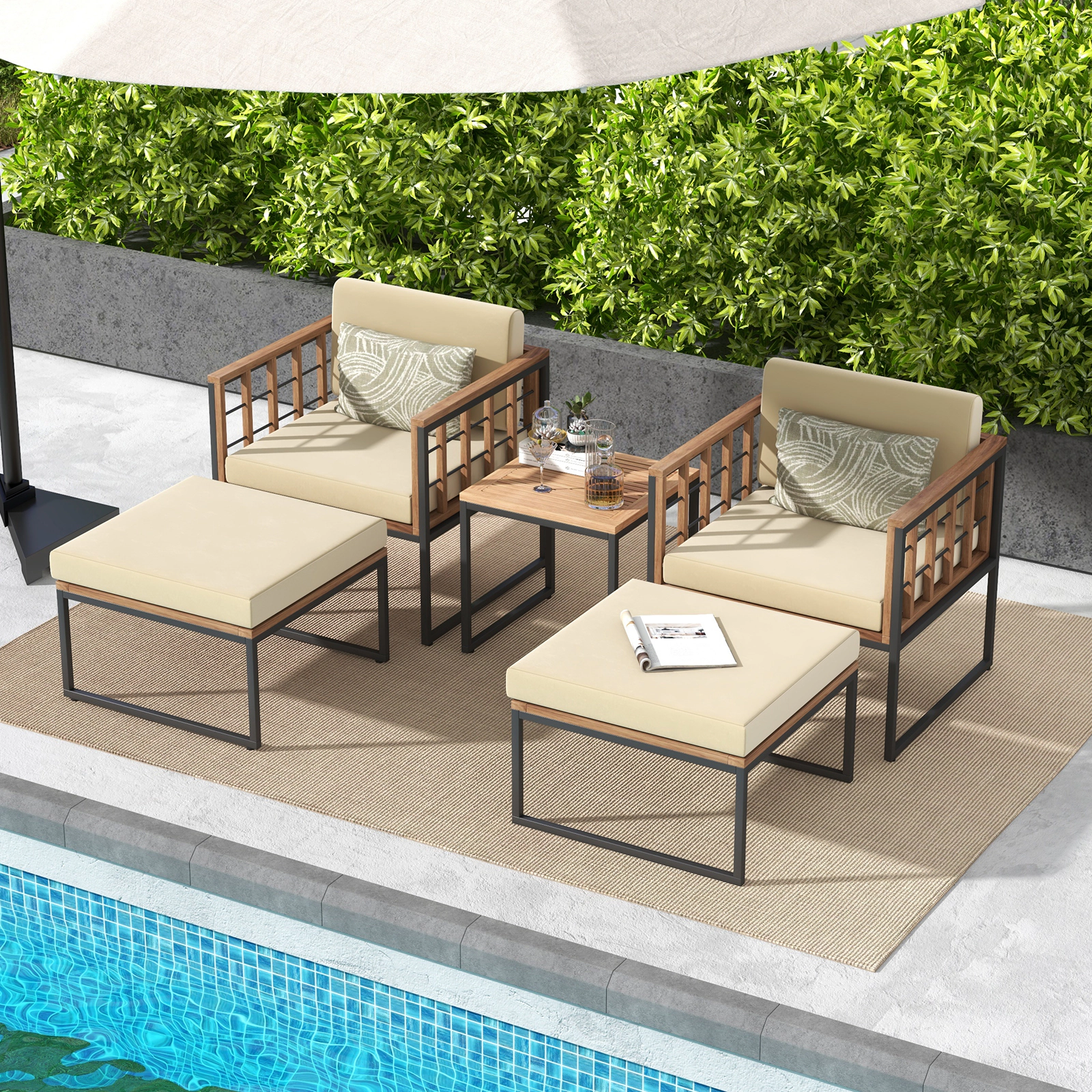 LJG 5 Piece Outdoor Furniture Set Acacia Wood Chair Set with Ottomans and Coffee Table
