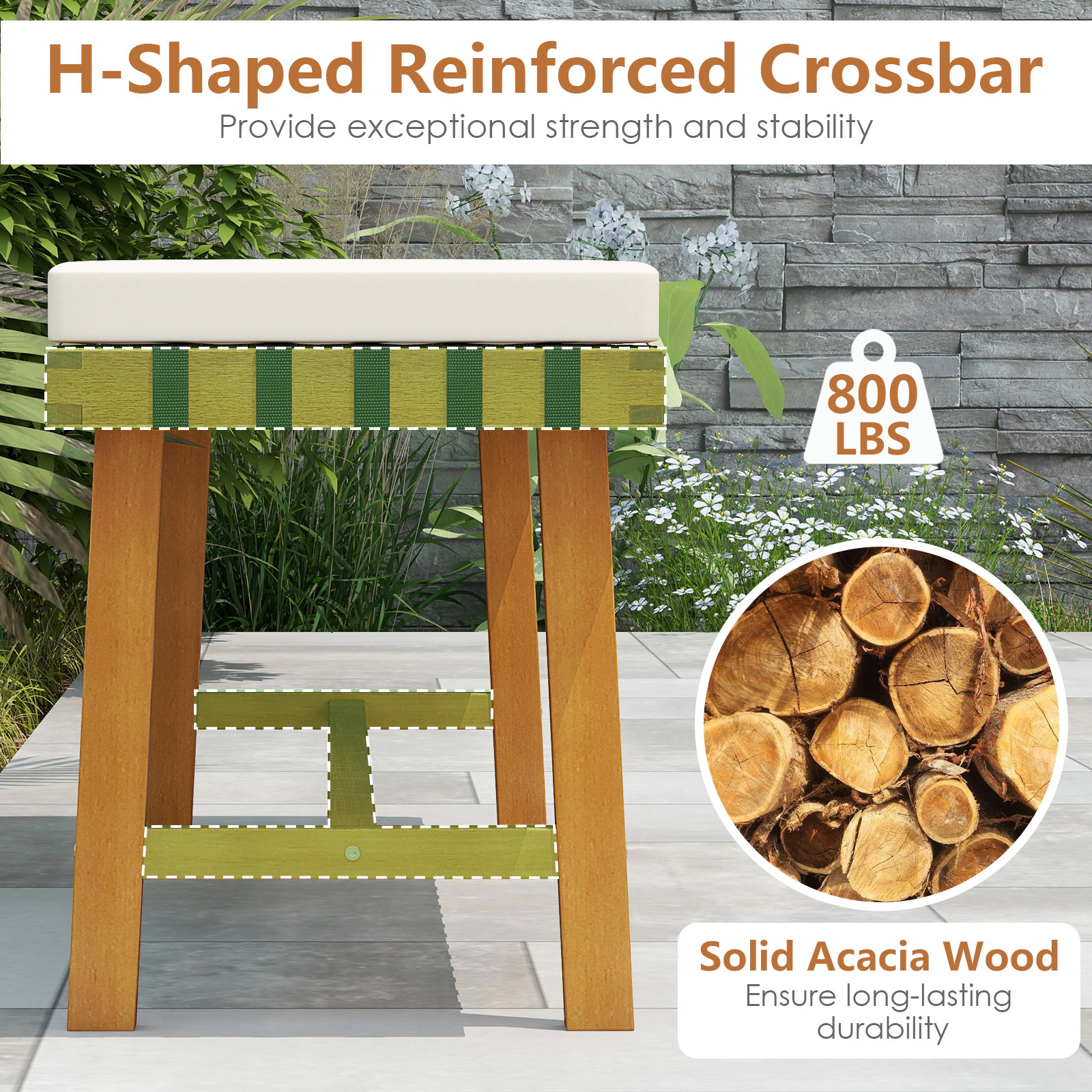 SUGIFT Acacia Wood Outdoor Bench with Woven Rope Seat and Thick Padded Cushion 800-lb Capacity Natural+Off White