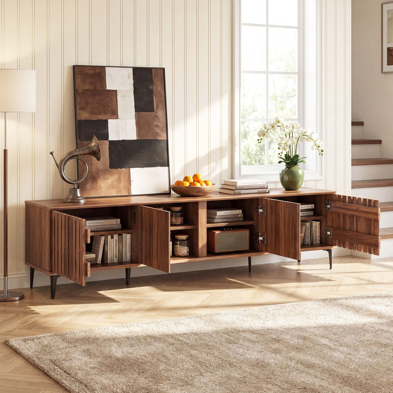 LJG Mid Century Modern Entertainment Center with 4 Storage Cabinets for Living Room