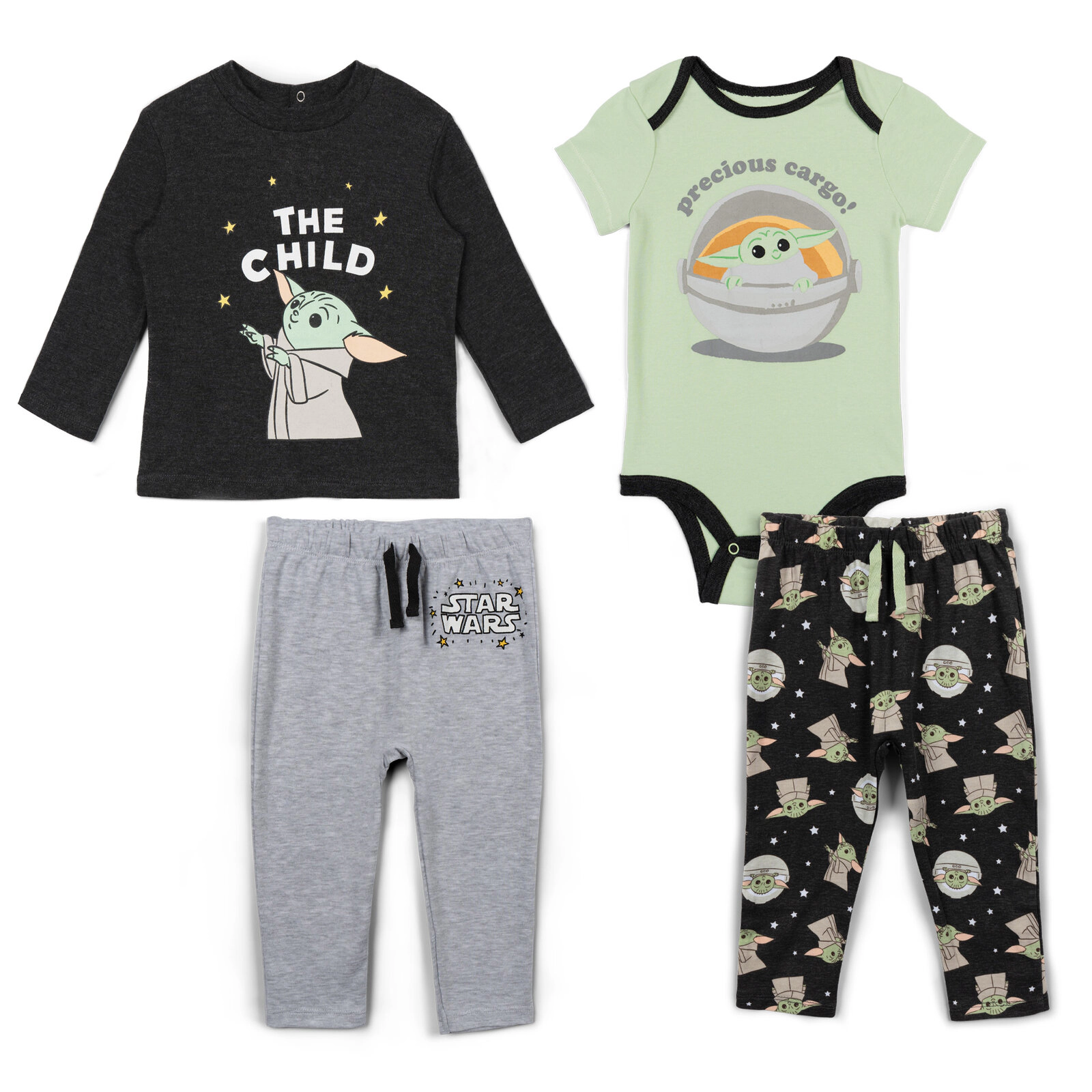 Star Wars The Mandalorian Grogu Baby 4-Piece Bodysuit Tee and Pants Set
