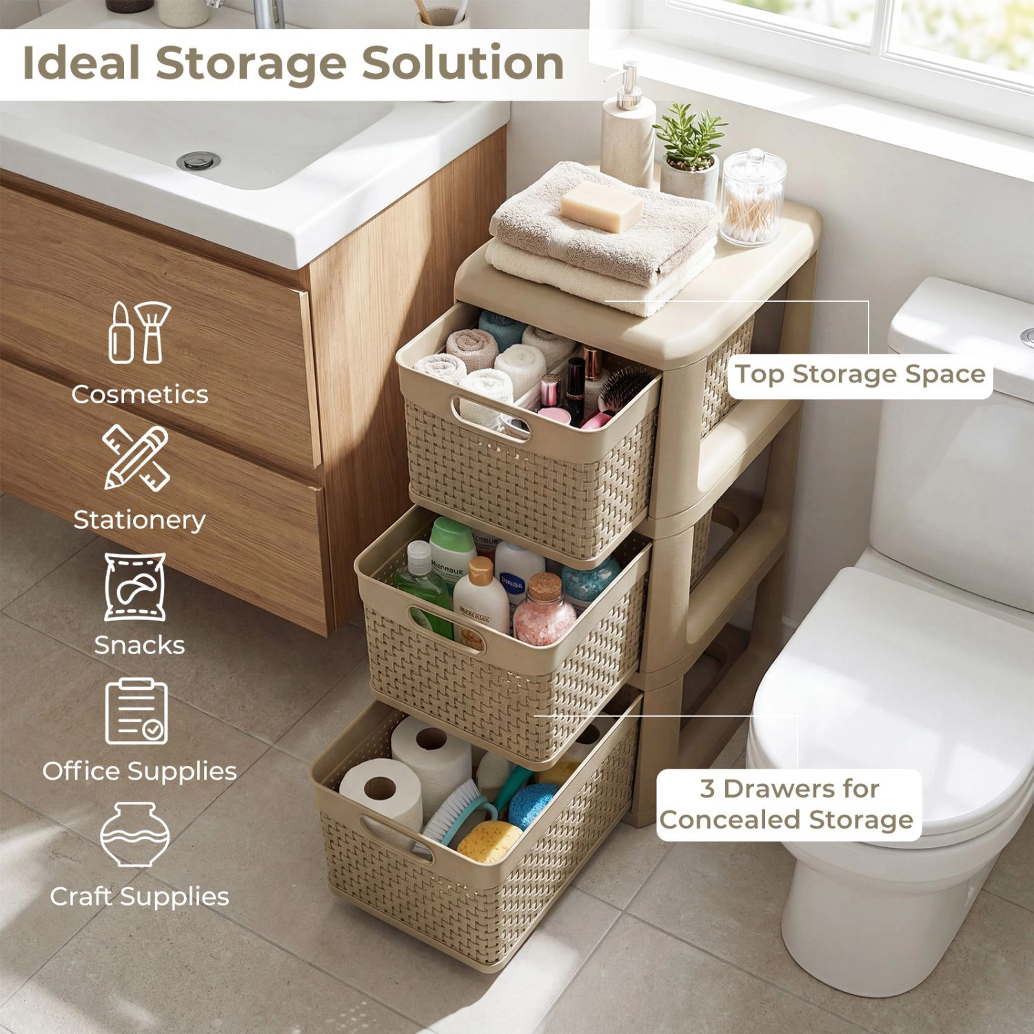 SlickBlue Narrow Plastic 3-Drawer Storage Cabinet Organizer