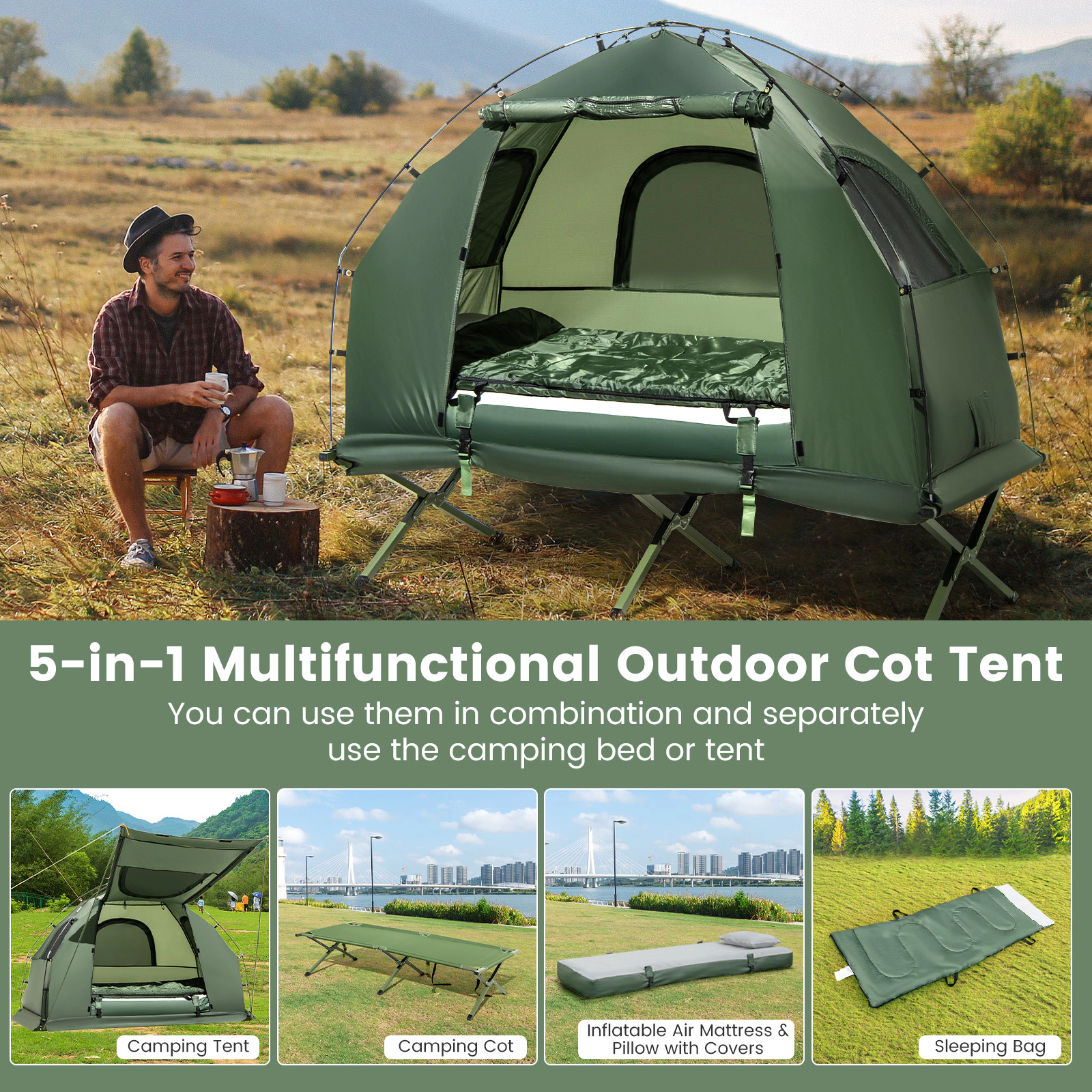 LJG 1-Person Folding Camping Tent with Sunshade and Air Mattress