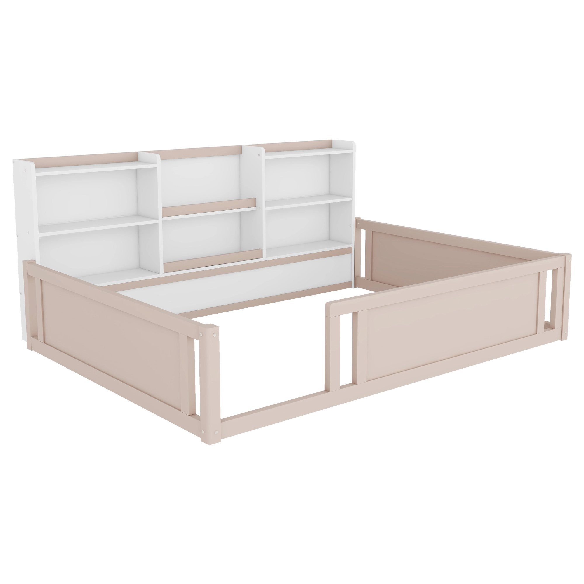 Flynama Full Wooden Floor Bed with Guardrail & Side Shelves, Space-Saving Kids Bed, Nude White
