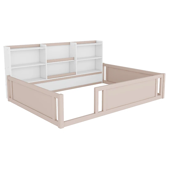 Flynama Full Wooden Floor Bed with Guardrail & Side Shelves, Space-Saving Kids Bed, Nude White