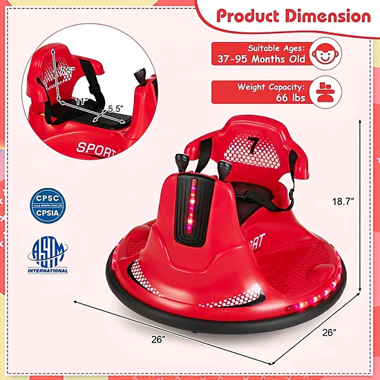 12V Kids Bumper Car with Parent Remote Soft Bumper Ring and 360-Degree Spin for Ages 37-95 Months Electric Ride On Toy