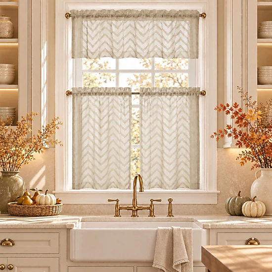 Kate Aurora Farmhouse Rustic Chic 3 Piece Beige Cafe Kitchen Curtain ...