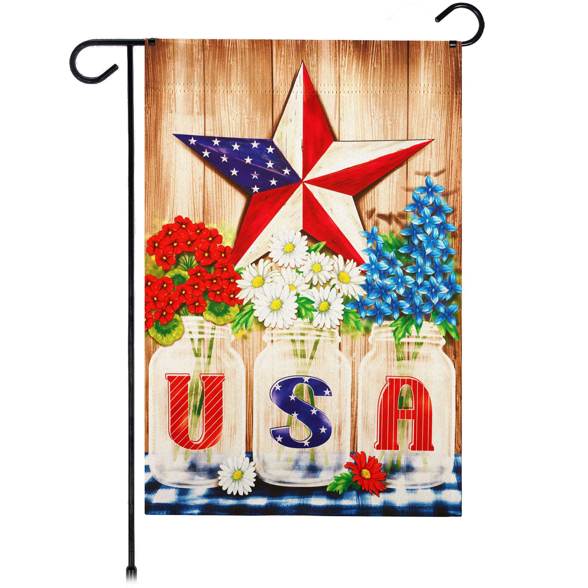 G128 USA Star Flowers Garden Flag 12x18 in Double-Sided Patriotic Yard Decoration
