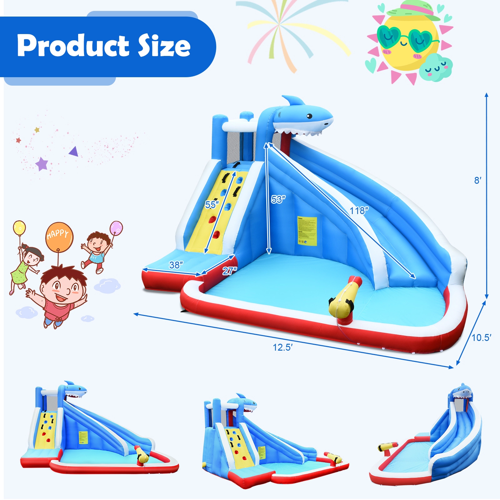SUGIFT Inflatable Shark Bounce House with Water Slide and Climbing Wall 265-lb Capacity Ages 4-12 Multicolor