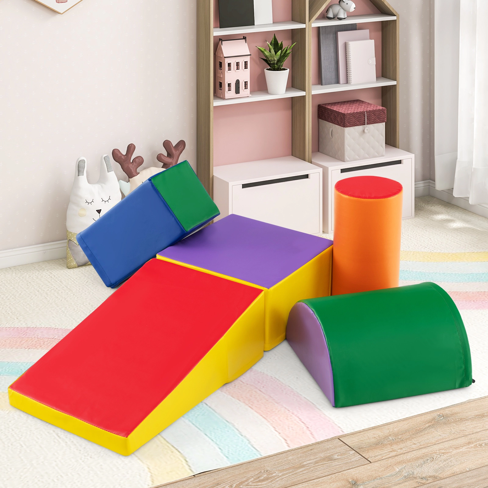 SUGIFT 5-Piece Foam Climb and Crawl Activity Playset with EPE Foam and PU Cover Multicolor Purple/Red/Navy/Green/Pink