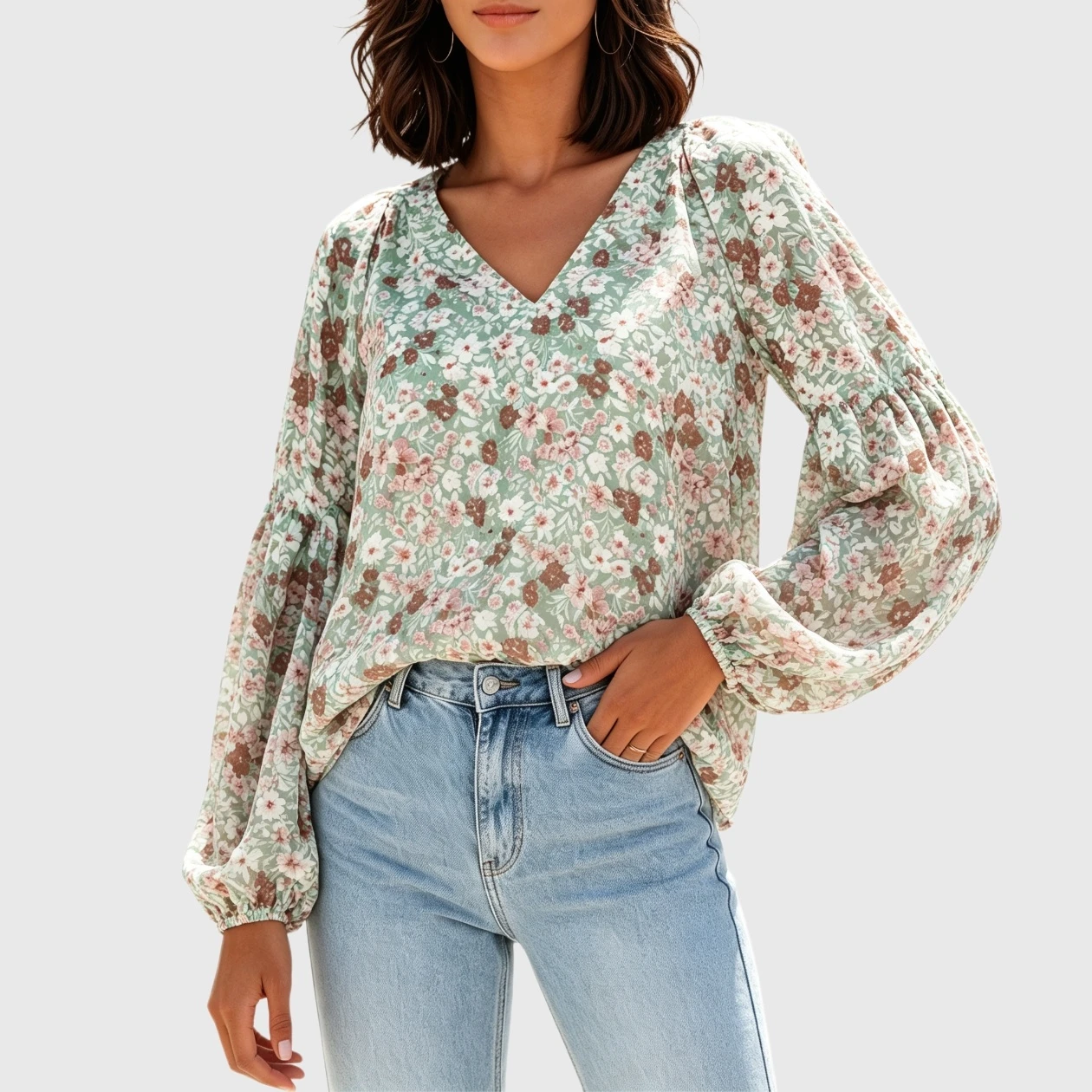 YesFashion Women's Casual Boho V Neck Long Sleeve Blouses Floral Print Loose Shirt Tops