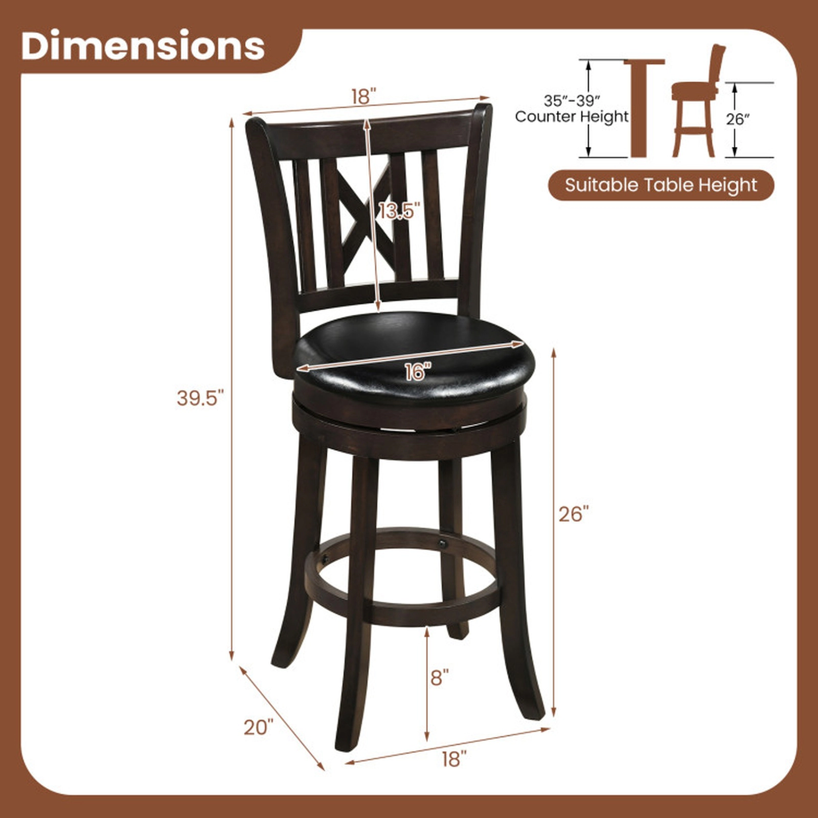 SUGIFT Set of 4 Swivel Bar Stools with Hollowed Backrest and Footrest 26-in Seat Height 275-lb Capacity Dark Chocolate