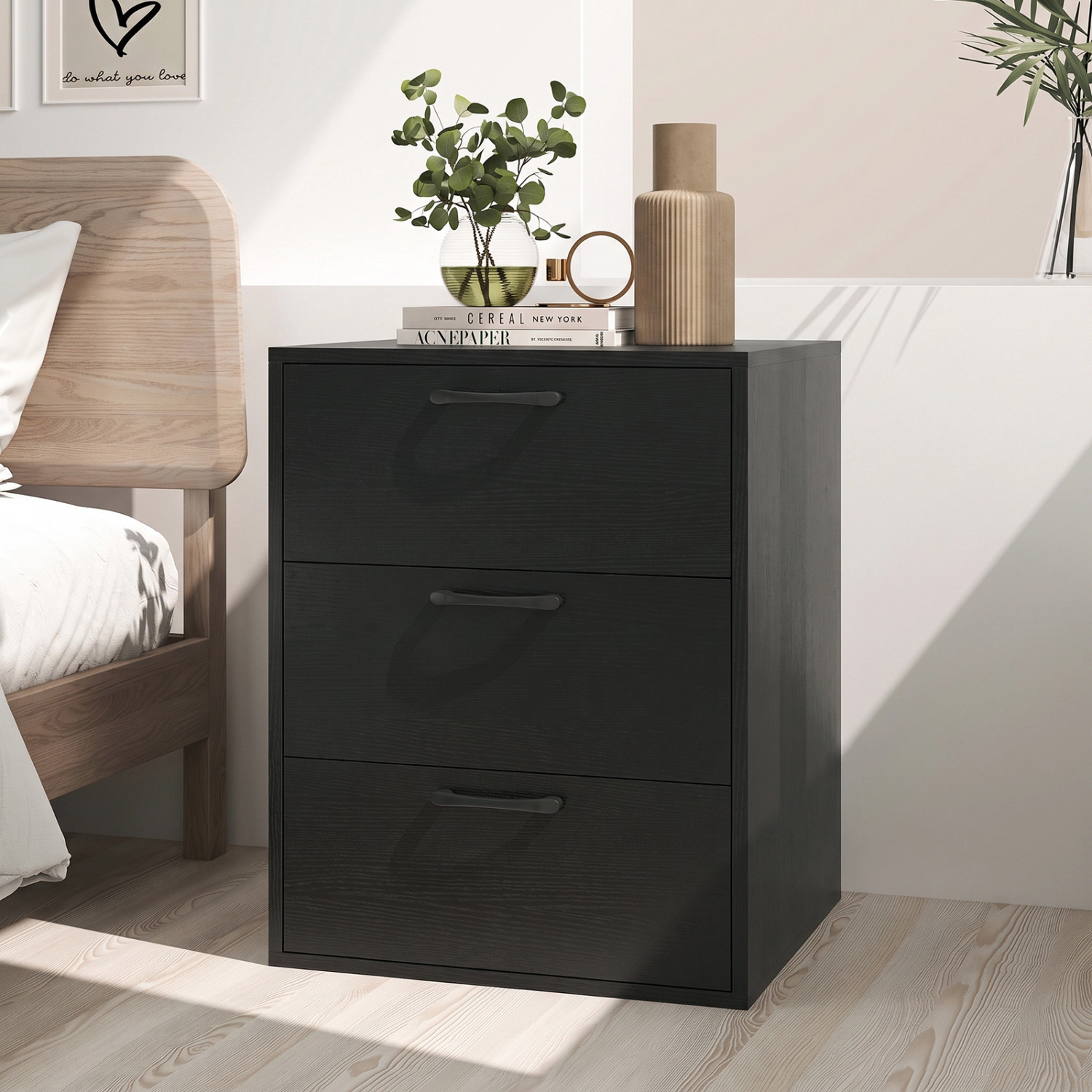 LJG 3 Drawer Nightstand with Wood Grain Finish and Storage for Living Room Bedroom Study