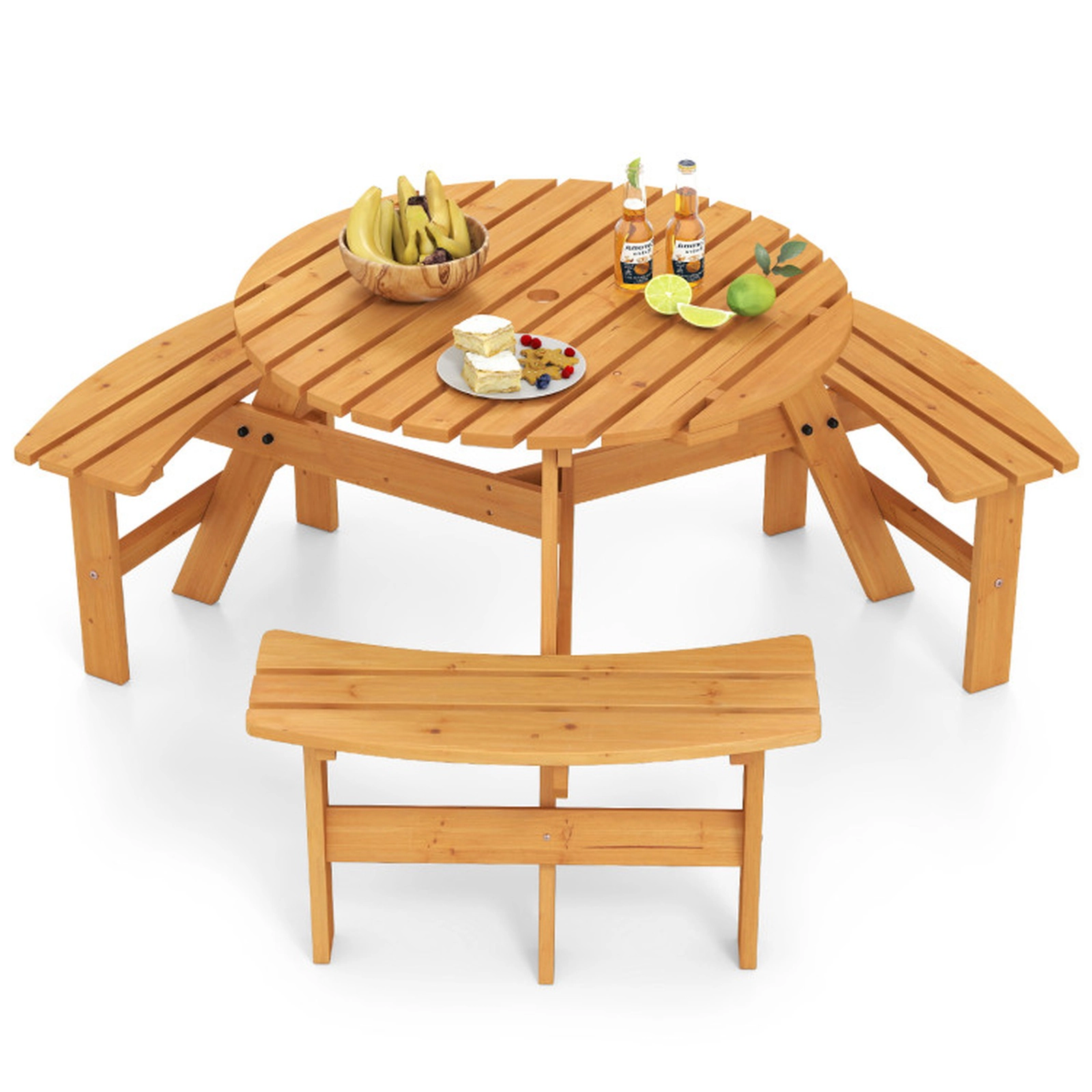 SUGIFT 6-Person Round Fir Wood Picnic Table Set with 3 Benches 220-lb Table 550-lb Benches 36-in Top Brown/Yellow