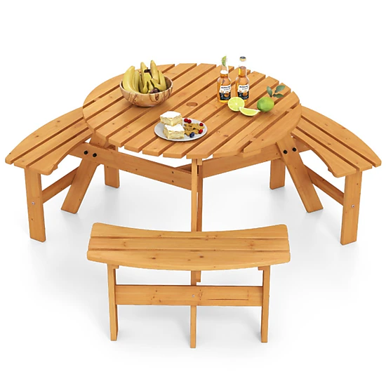 SUGIFT 6-Person Round Fir Wood Picnic Table Set with 3 Benches 220-lb Table 550-lb Benches 36-in Top Brown/Yellow